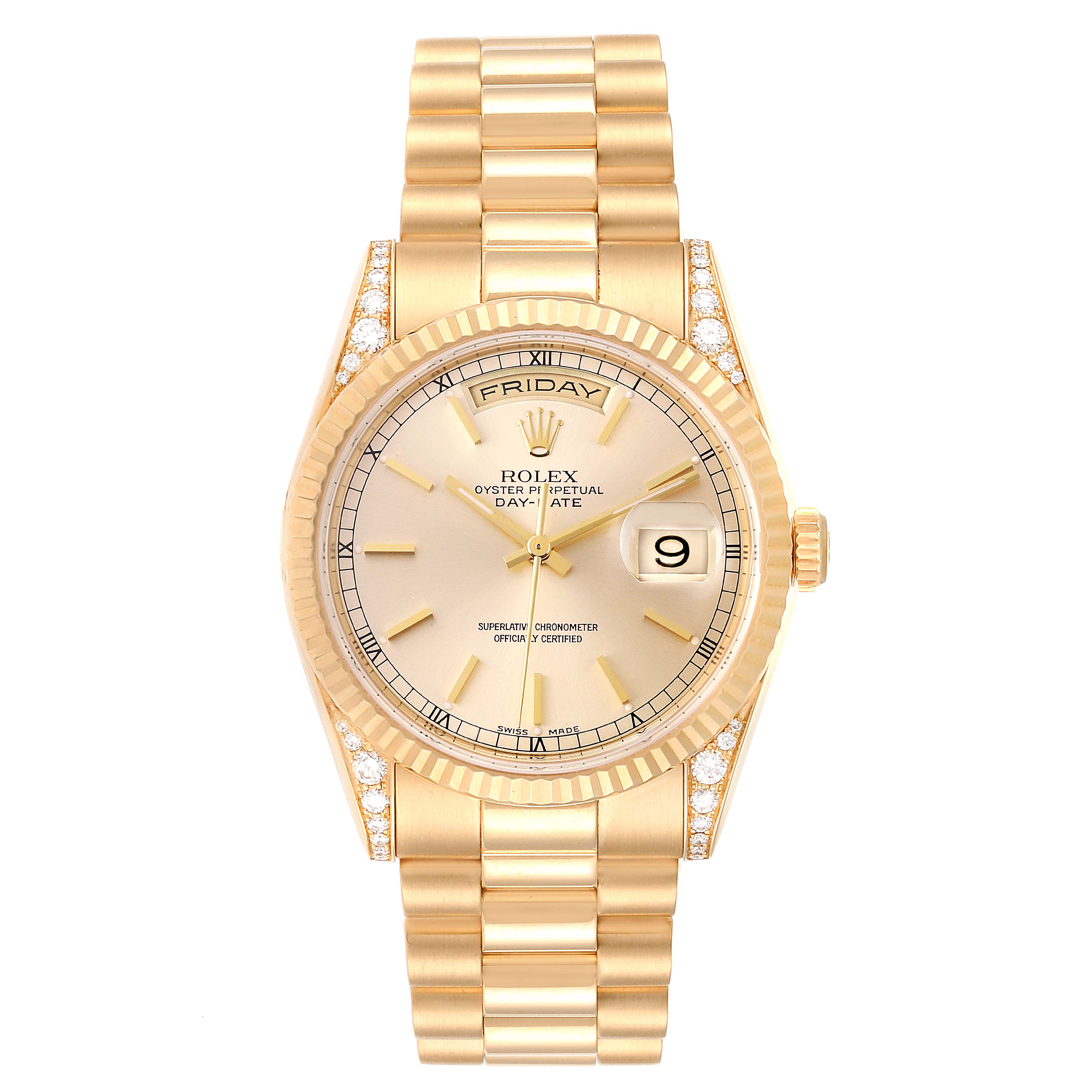This image shows a front view of a Rolex President 118338 Men
s Yellow Gold Champagne Dial 118338 Men
s Yellow Gold Champagne Dial model watch, displaying the face, bracelet, and the day/date features.