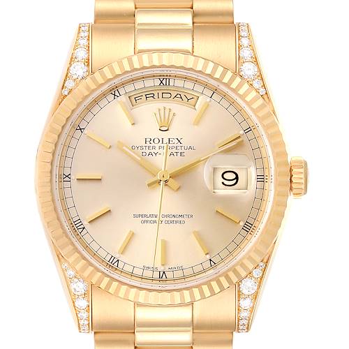 Photo of Rolex President Day Date Yellow Gold Diamond Lugs Watch 118338 Box Papers