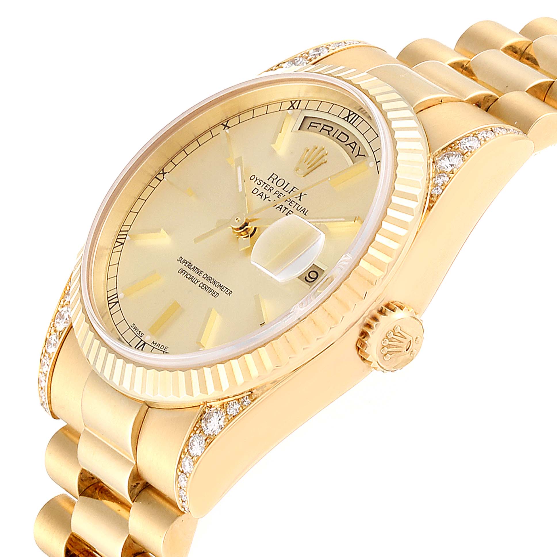 The image shows a Rolex President 118338 Men
s Yellow Gold Champagne Dial 118338 Men
s Yellow Gold Champagne Dial model watch at a slight angle, highlighting the dial, bezel, crown, and bracelet.