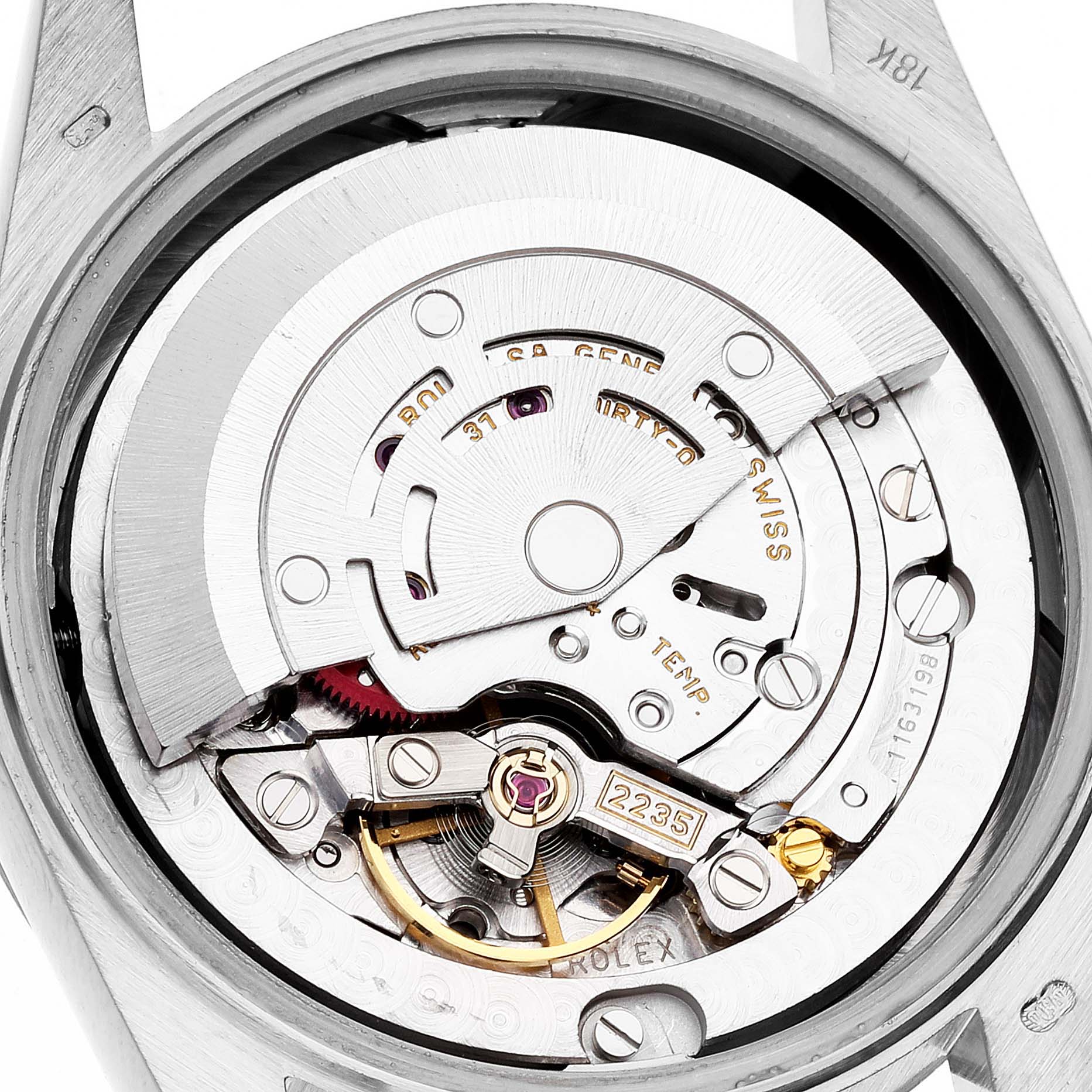 This is an internal view of the Rolex President 78279 Women's White Gold Silver Dial 78279 Women's White Gold Silver Dial model watch, showing the intricate mechanics of its movement.