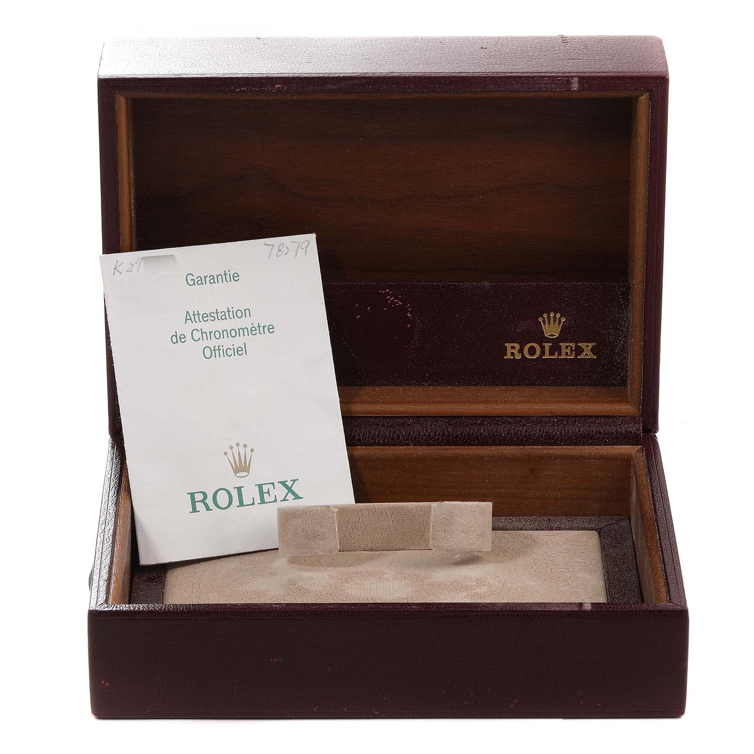 The image shows an open Rolex President 78279 Women's White Gold Silver Dial 78279 Women's White Gold Silver Dial watch box with a warranty card inside.