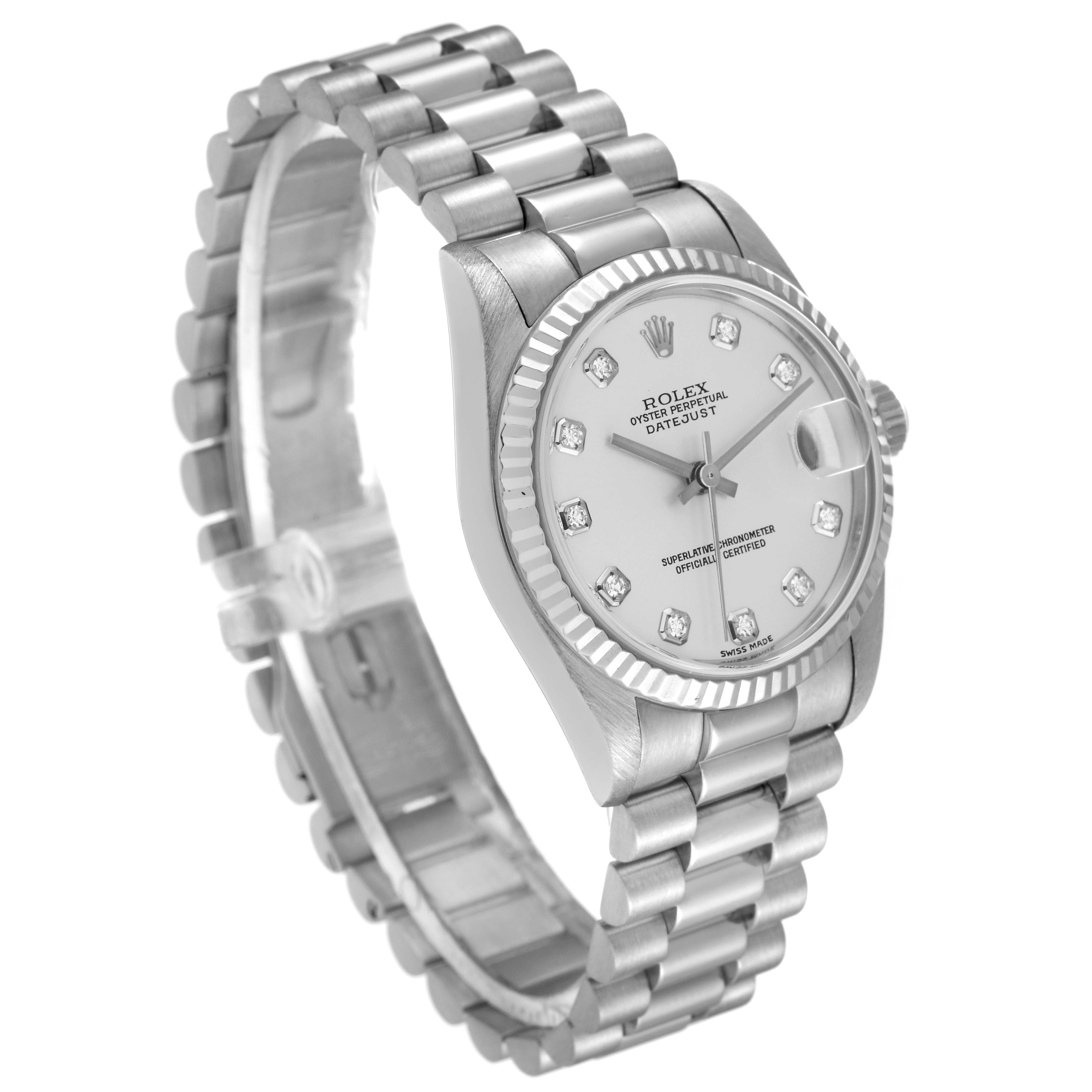 This image shows a Rolex President 78279 Women's White Gold Silver Dial 78279 Women's White Gold Silver Dial model watch from an angled side view, highlighting the bracelet, case, and dial.