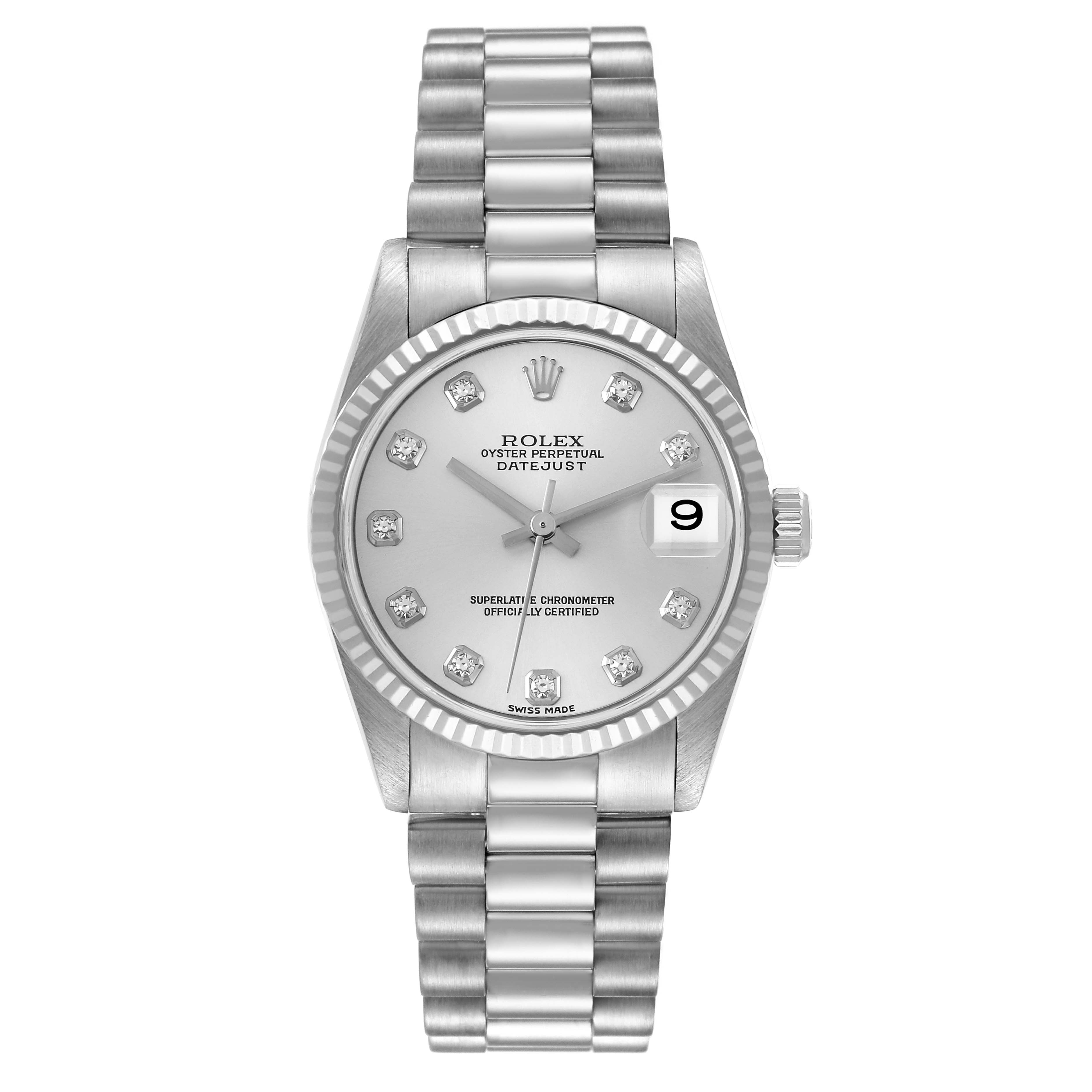 This image shows a front view of a Rolex President 78279 Women's White Gold Silver Dial 78279 Women's White Gold Silver Dial model watch, displaying the face, bracelet, hands, and date window.