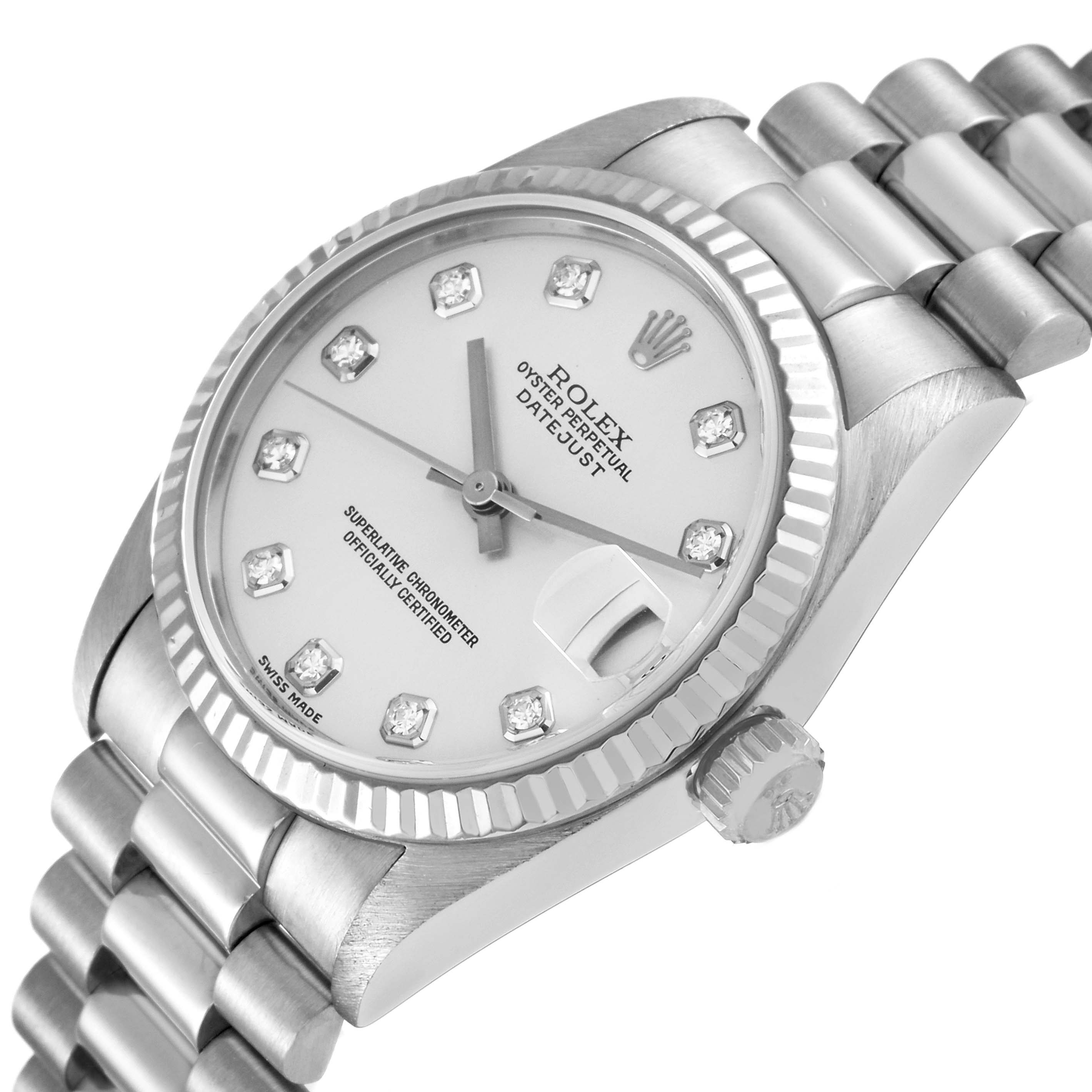 The image shows a close-up of the Rolex President 78279 Women's White Gold Silver Dial 78279 Women's White Gold Silver Dial model watch, highlighting the dial, bezel, crown, and bracelet.