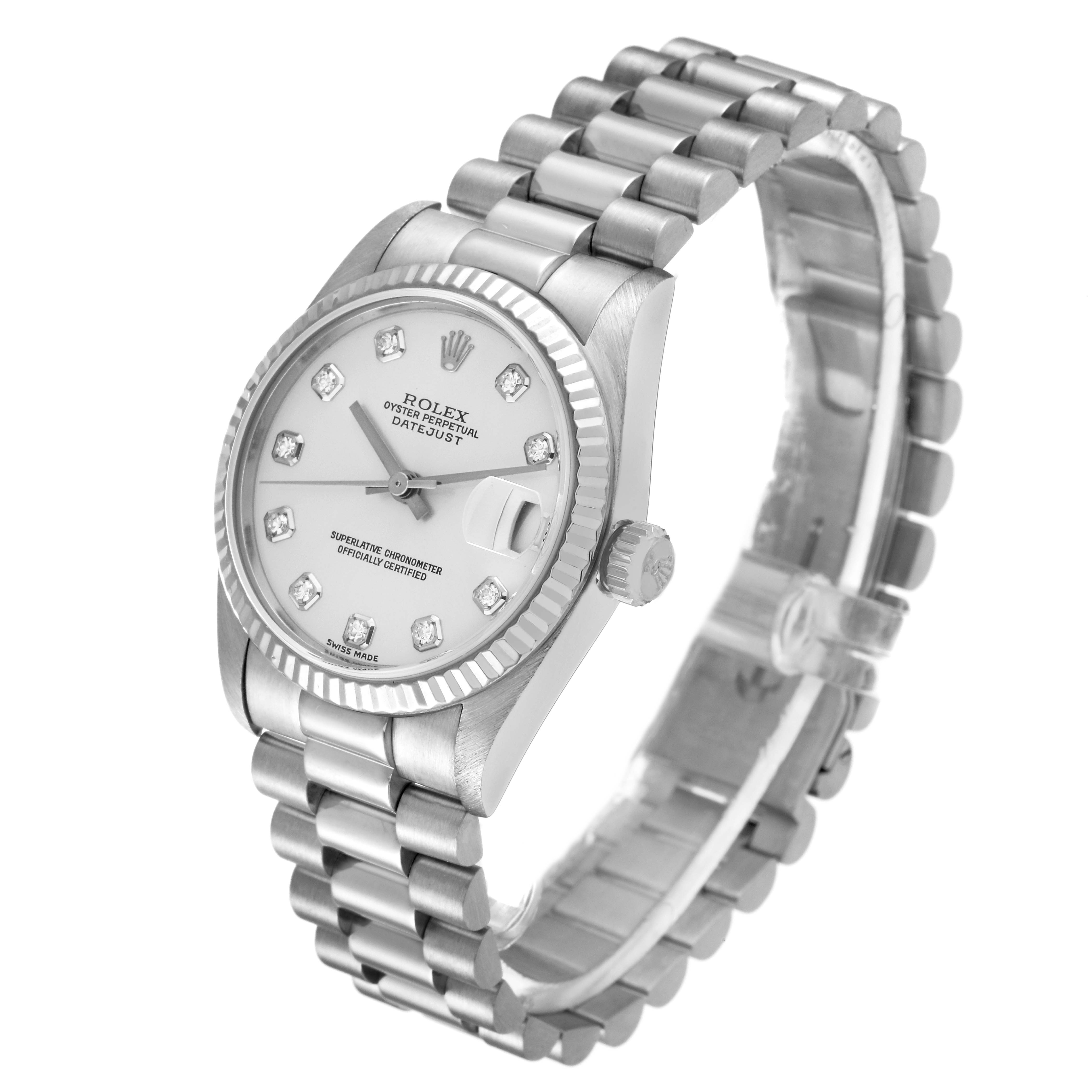 The image shows a side angle view of a Rolex President 78279 Women's White Gold Silver Dial 78279 Women's White Gold Silver Dial model watch, featuring its dial, bezel, bracelet, and crown.