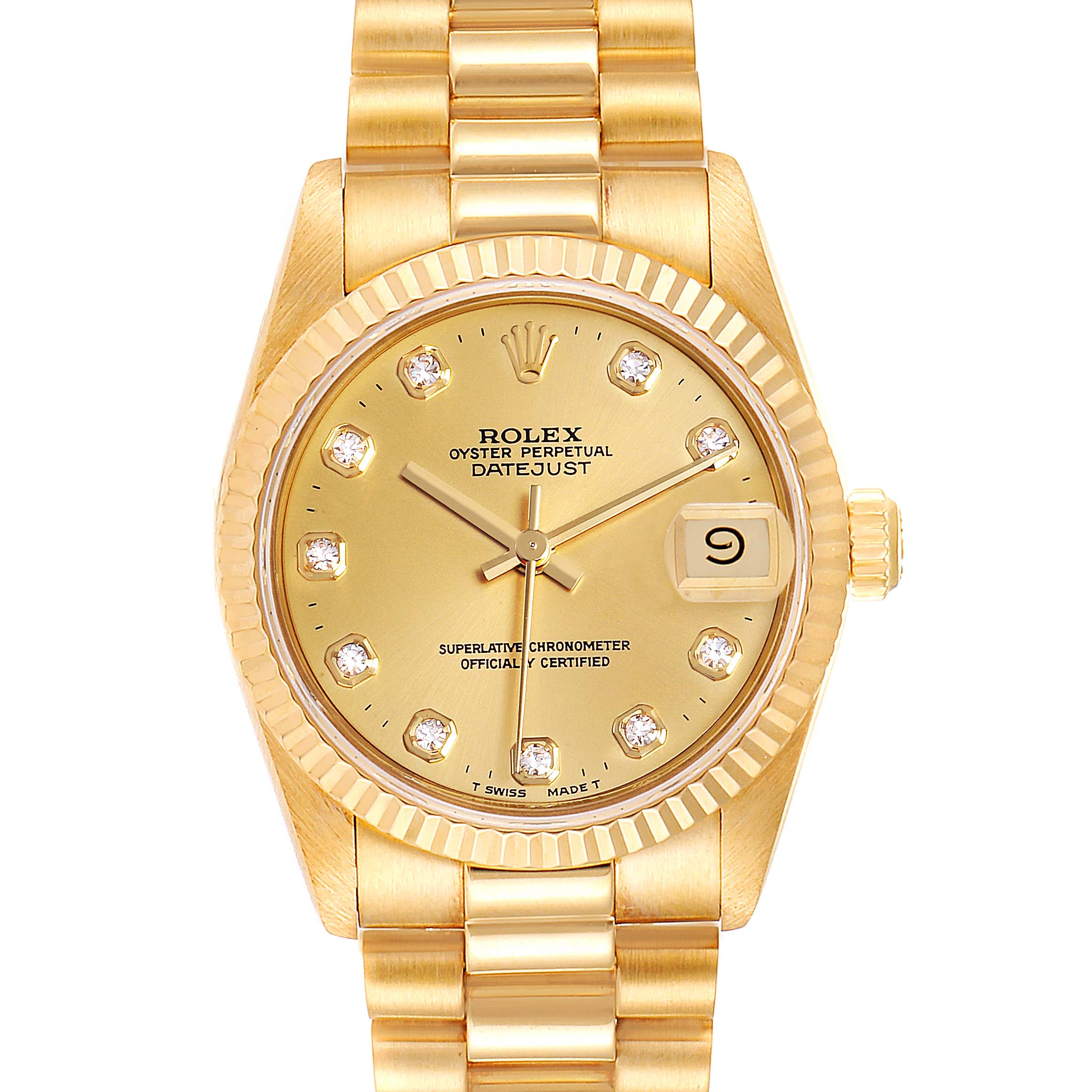 This image shows the front view of the Rolex President 68278 Women
s Yellow Gold Champagne Dial 68278 Women
s Yellow Gold Champagne Dial model watch, displaying the face, bezel, dial, markers, hands, date window, and bracelet.