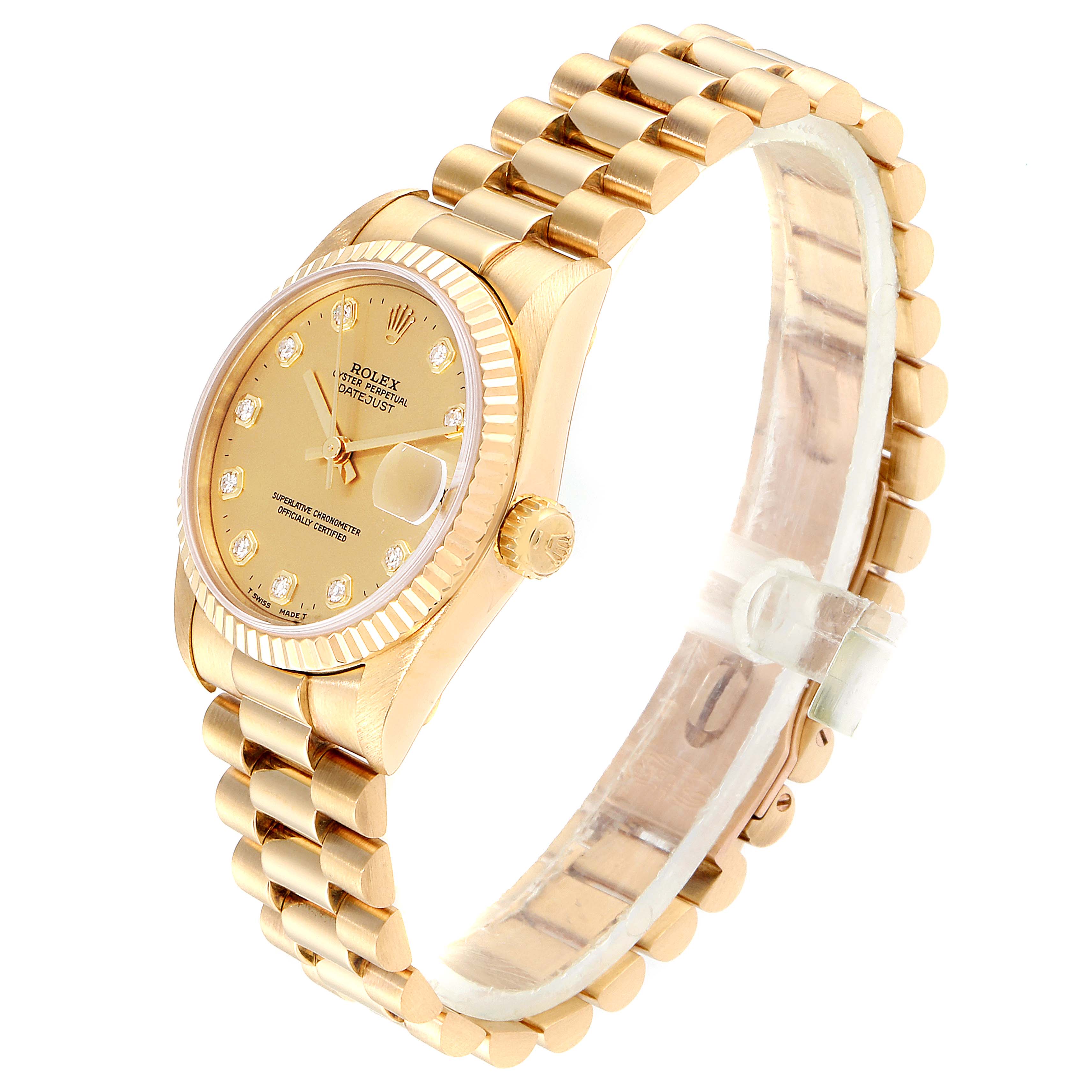 The image shows a Rolex President 68278 Women
s Yellow Gold Champagne Dial 68278 Women
s Yellow Gold Champagne Dial model watch angled to display the face, bezel, crown, and bracelet.