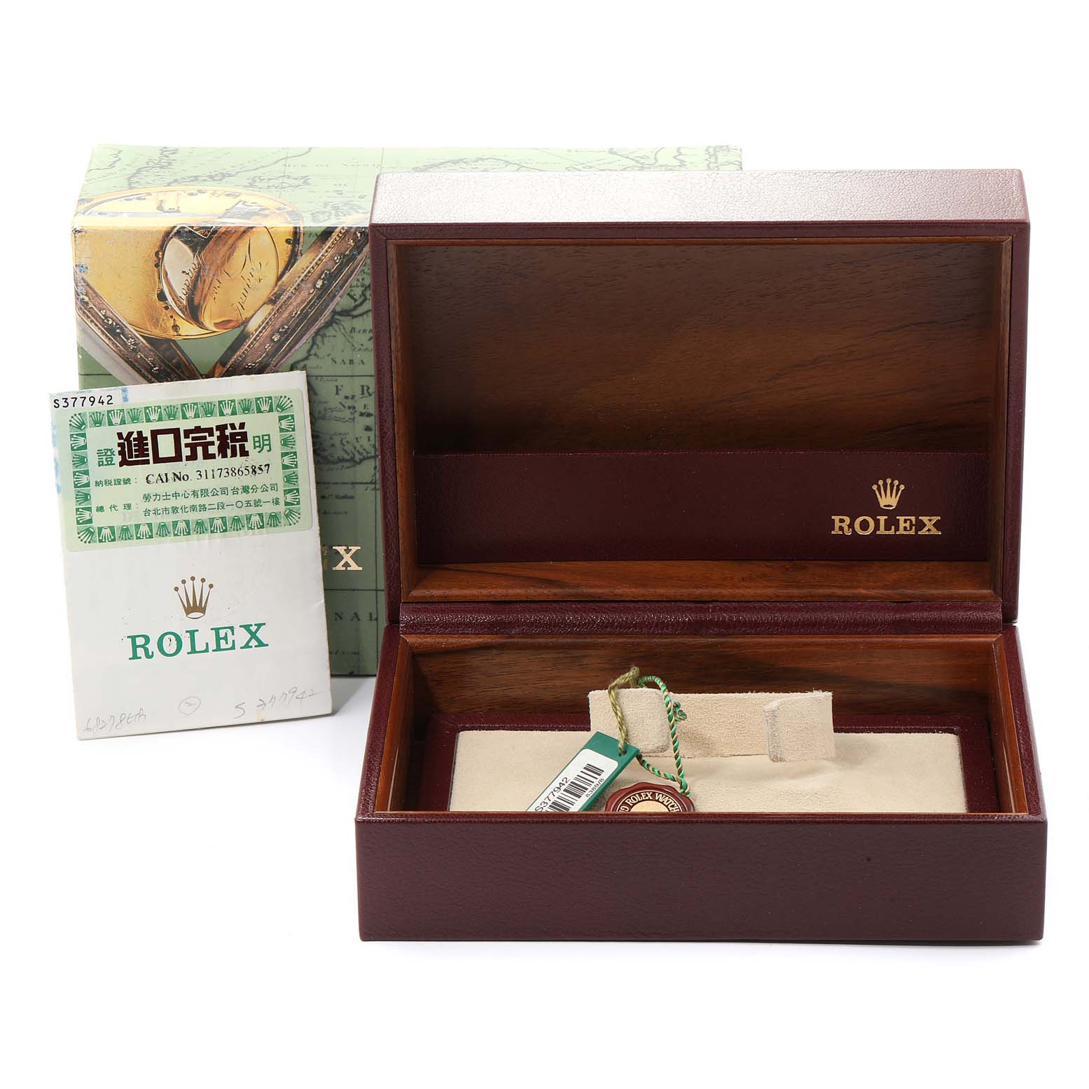 The image shows the empty watch box, documentation, and tags for a Rolex President 68278 Women
s Yellow Gold Champagne Dial 68278 Women
s Yellow Gold Champagne Dial model at a front-facing angle.