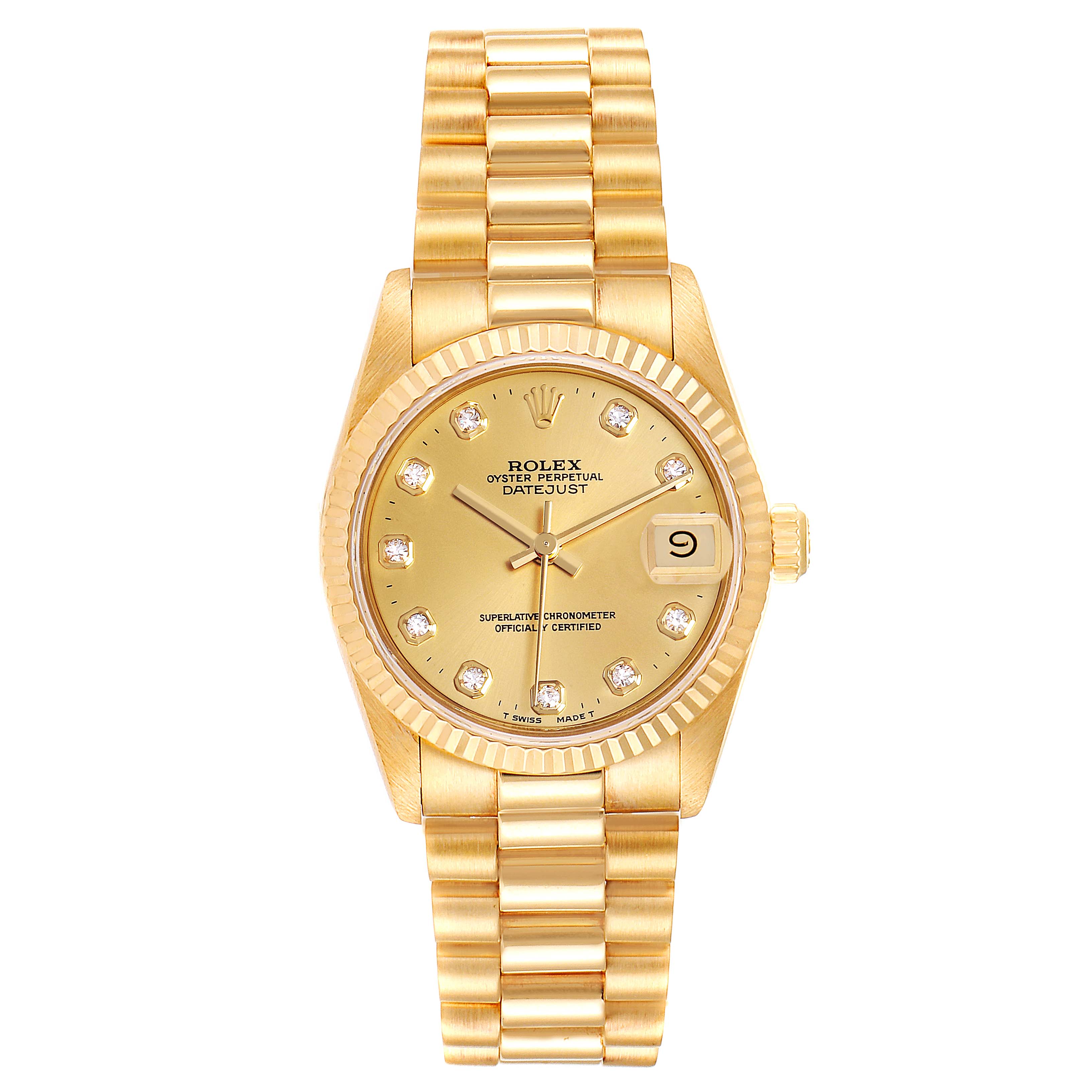 The image shows a full frontal view of a Rolex President 68278 Women
s Yellow Gold Champagne Dial 68278 Women
s Yellow Gold Champagne Dial model watch, showcasing its face, bracelet, and crown.
