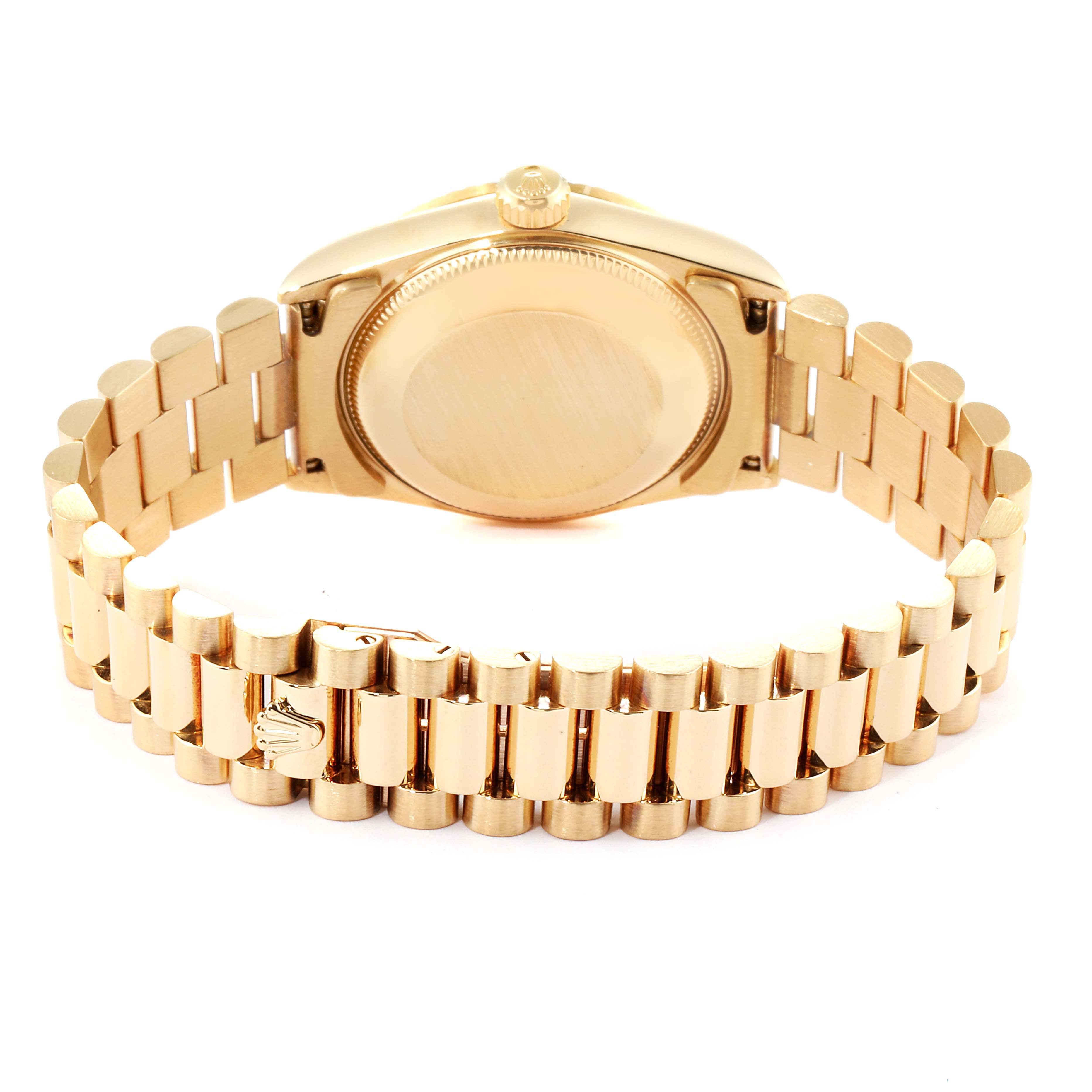 The image shows the back case and bracelet of a Rolex President 68278 Women
s Yellow Gold Champagne Dial 68278 Women
s Yellow Gold Champagne Dial model watch from an angled rear view.