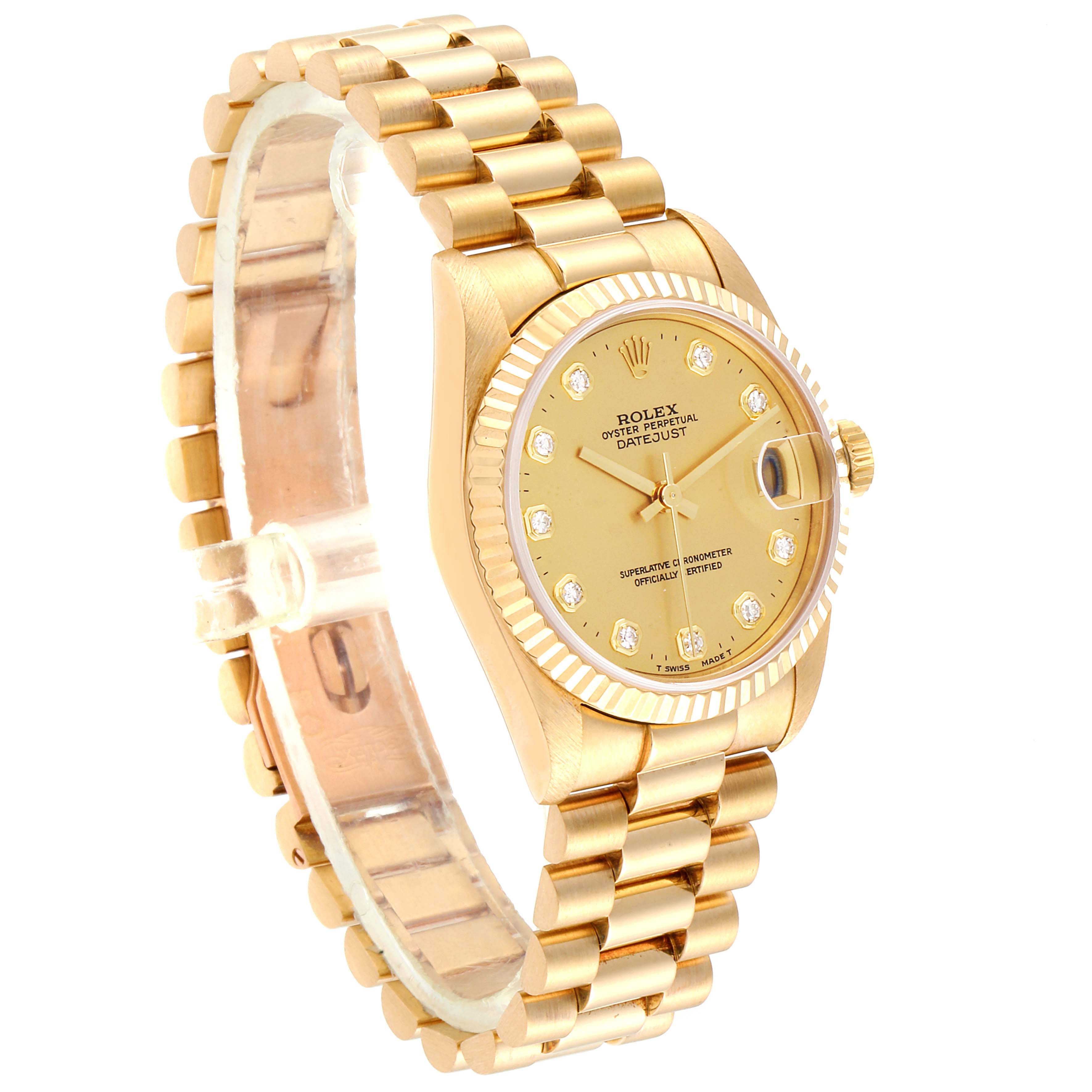 This image shows a Rolex President 68278 Women
s Yellow Gold Champagne Dial 68278 Women
s Yellow Gold Champagne Dial model watch with a gold band and detailed dial at a three-quarter angle.