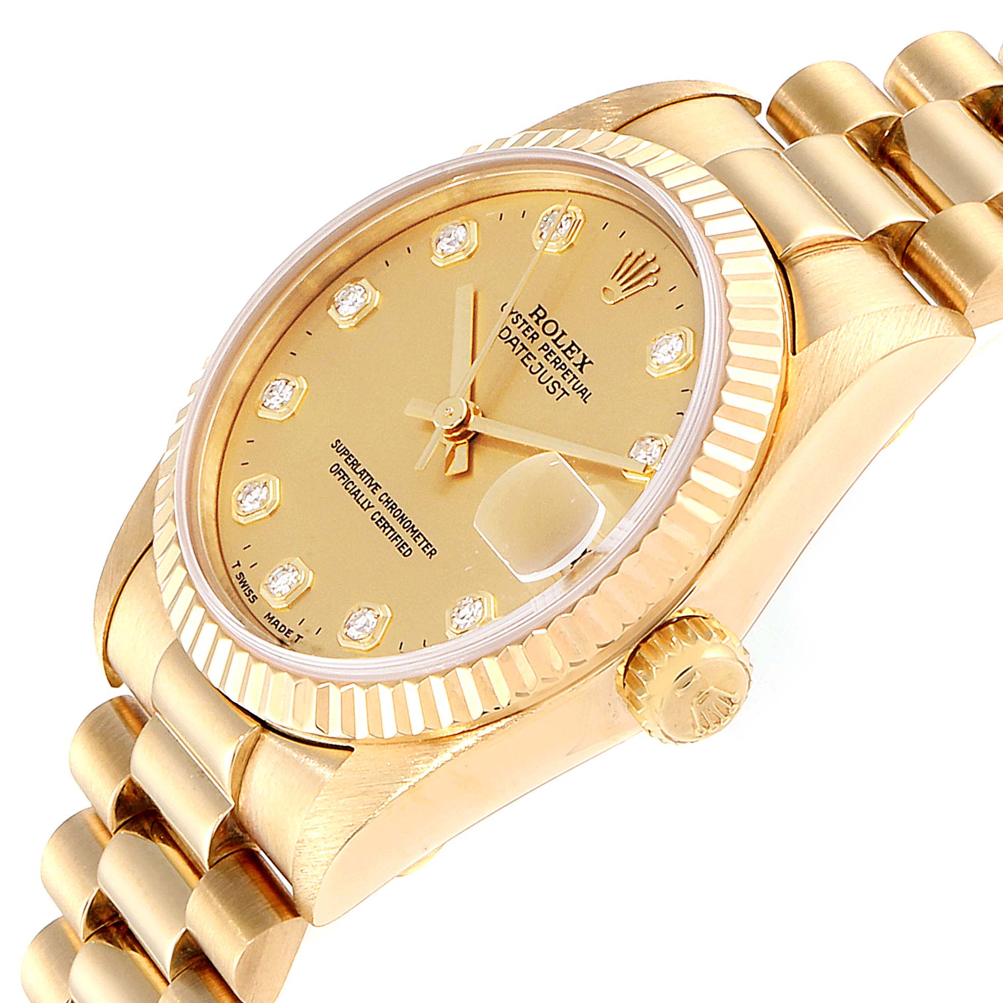 This image shows a close-up side angle of a Rolex President 68278 Women
s Yellow Gold Champagne Dial 68278 Women
s Yellow Gold Champagne Dial model watch, highlighting the gold case, fluted bezel, crown, and bracelet.