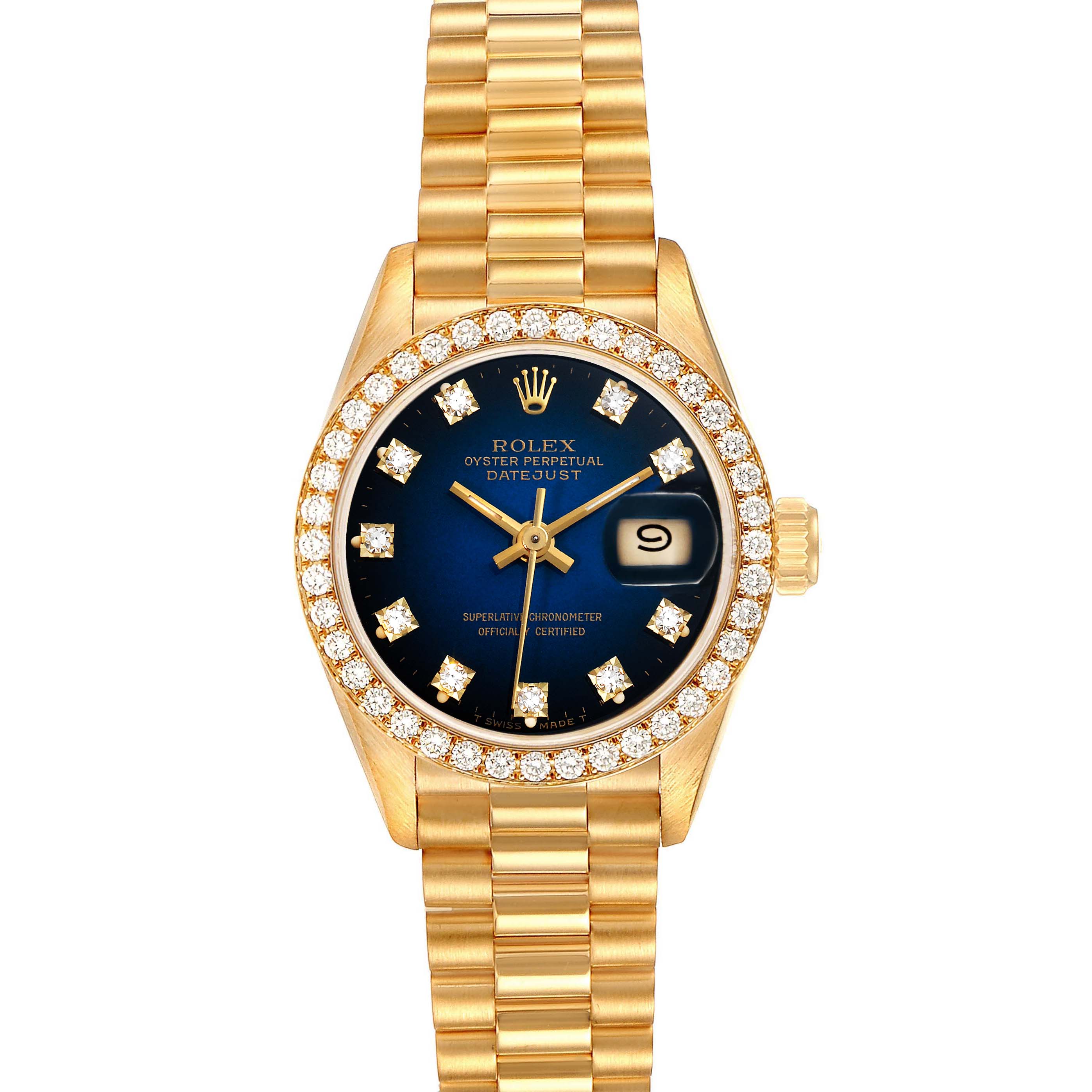 This image shows a Rolex President 69138 Women's Yellow Gold Blue Dial 69138 Women's Yellow Gold Blue Dial Datejust watch with a gold band, diamond-encrusted bezel, and blue dial.