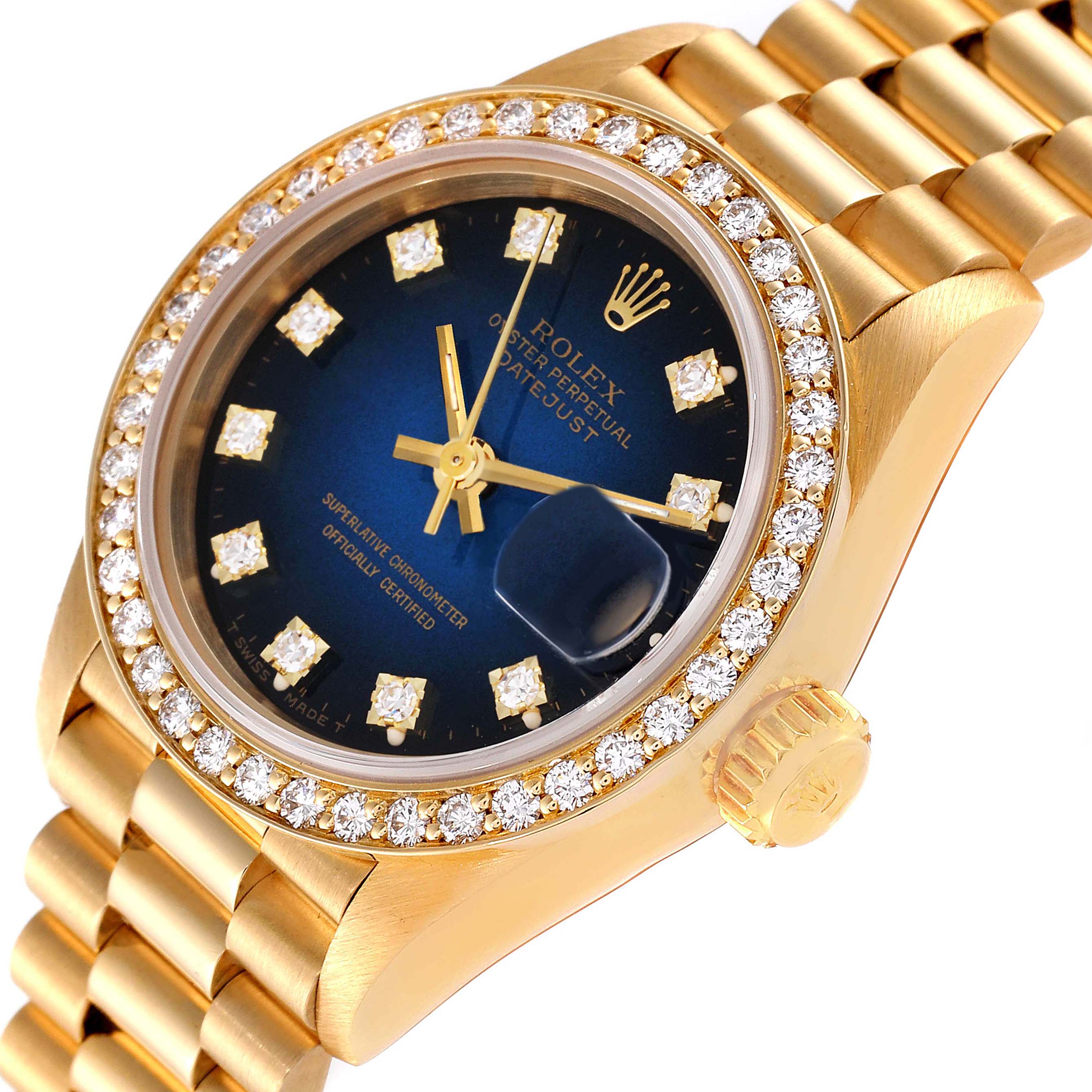 This image shows a close-up of the Rolex President 69138 Women's Yellow Gold Blue Dial 69138 Women's Yellow Gold Blue Dial watch, highlighting its diamond bezel, blue dial, and gold bracelet.