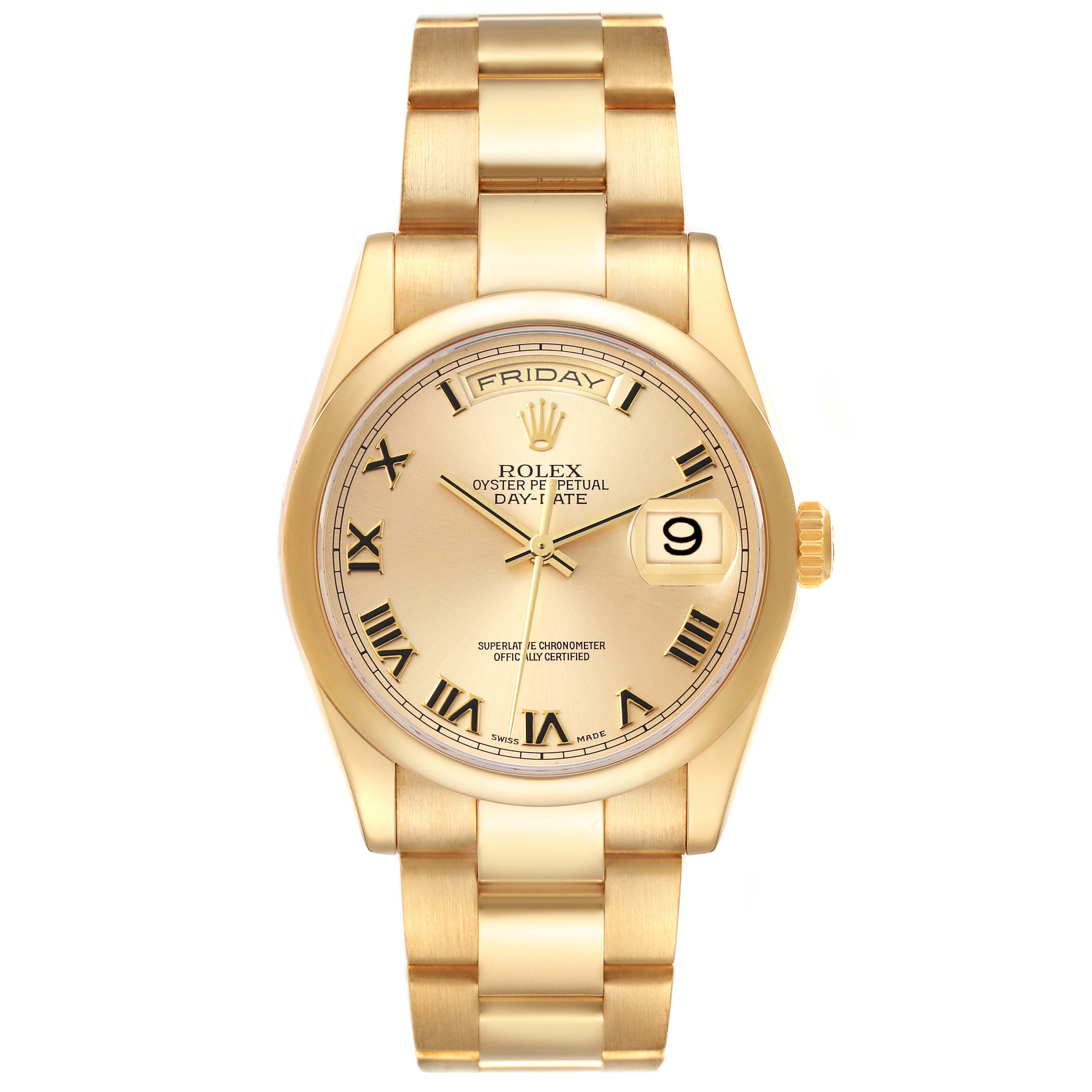 The image shows a front view of the Rolex President 118208 Men
s Yellow Gold Champagne Dial 118208 Men
s Yellow Gold Champagne Dial model watch, highlighting the dial, bracelet, and crown.