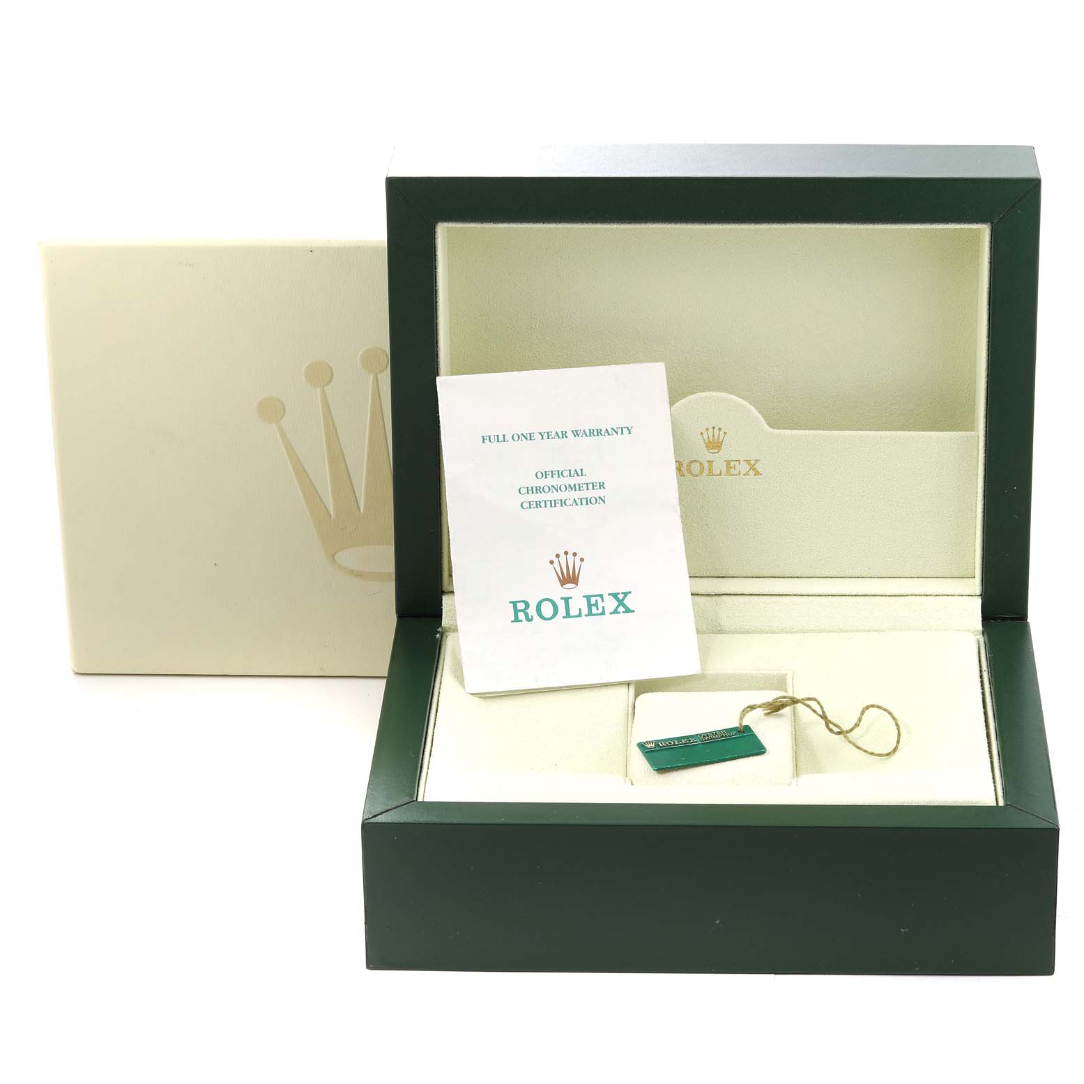 The image shows the open packaging for a Rolex President 118208 Men
s Yellow Gold Champagne Dial 118208 Men
s Yellow Gold Champagne Dial model, including the box, warranty card, and tag.