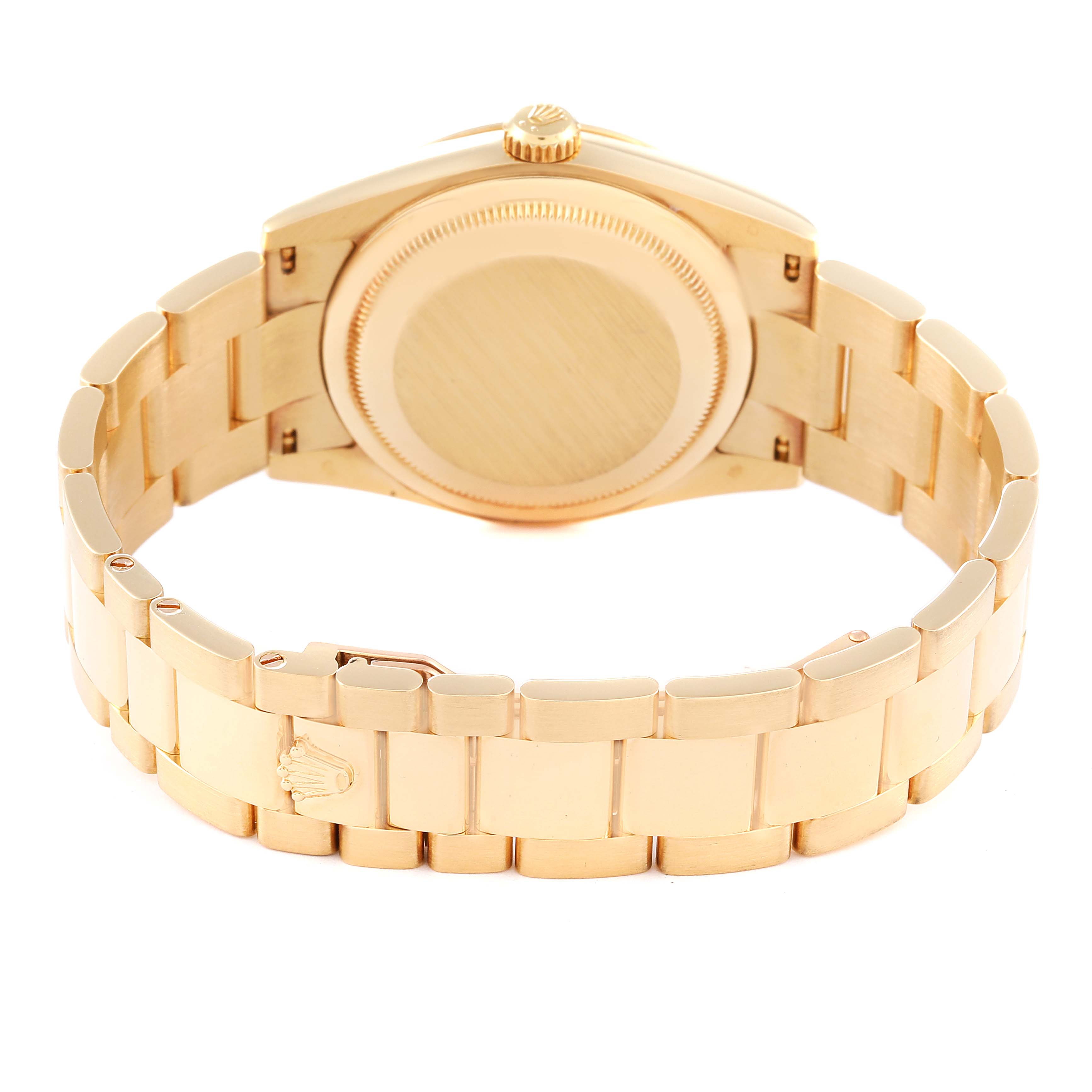 The image shows the back view of a Rolex President 118208 Men
s Yellow Gold Champagne Dial 118208 Men
s Yellow Gold Champagne Dial model watch, highlighting the bracelet and case back.