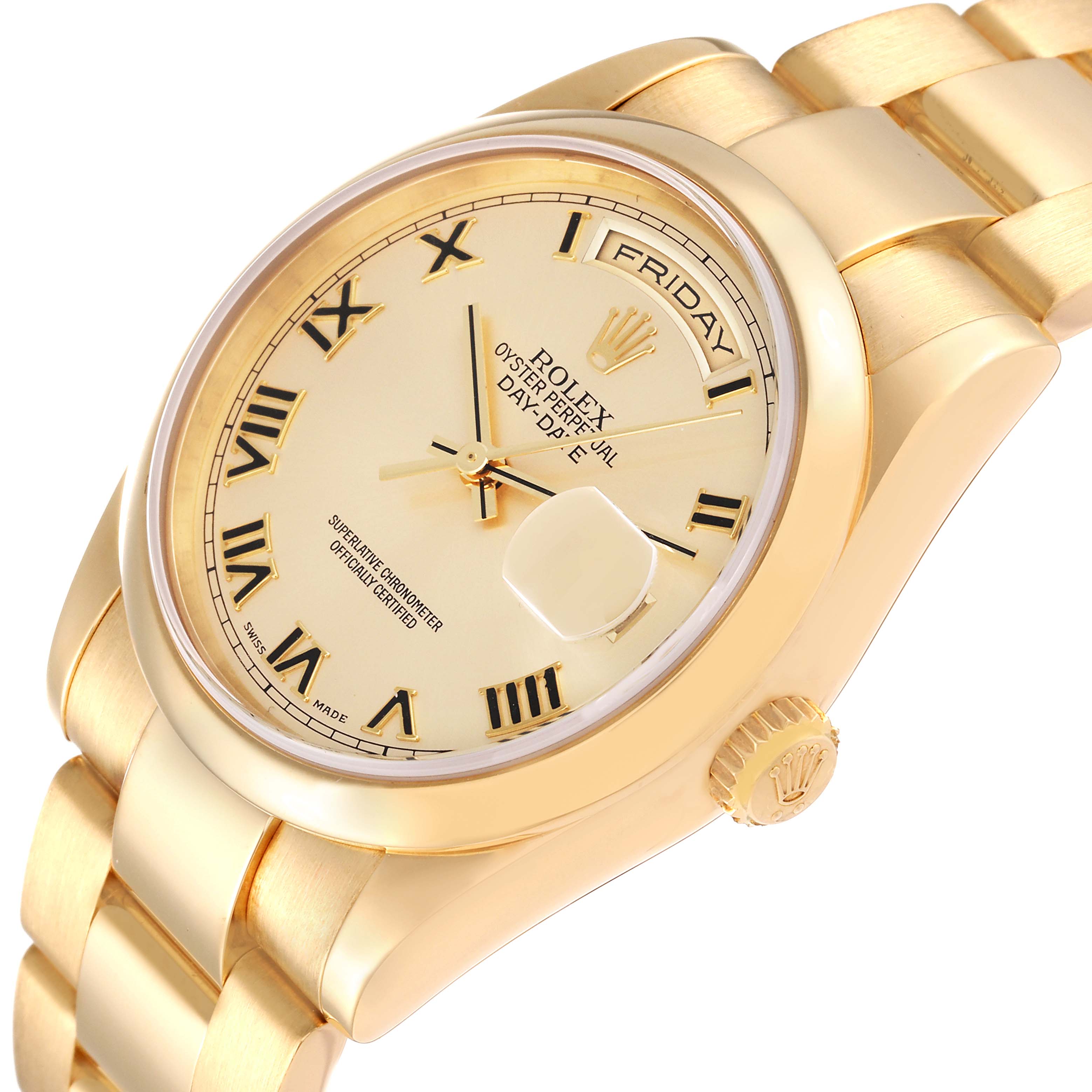 The Rolex President 118208 Men
s Yellow Gold Champagne Dial 118208 Men
s Yellow Gold Champagne Dial model watch is shown at an angle displaying the dial, bracelet, crown, and day-date complications.