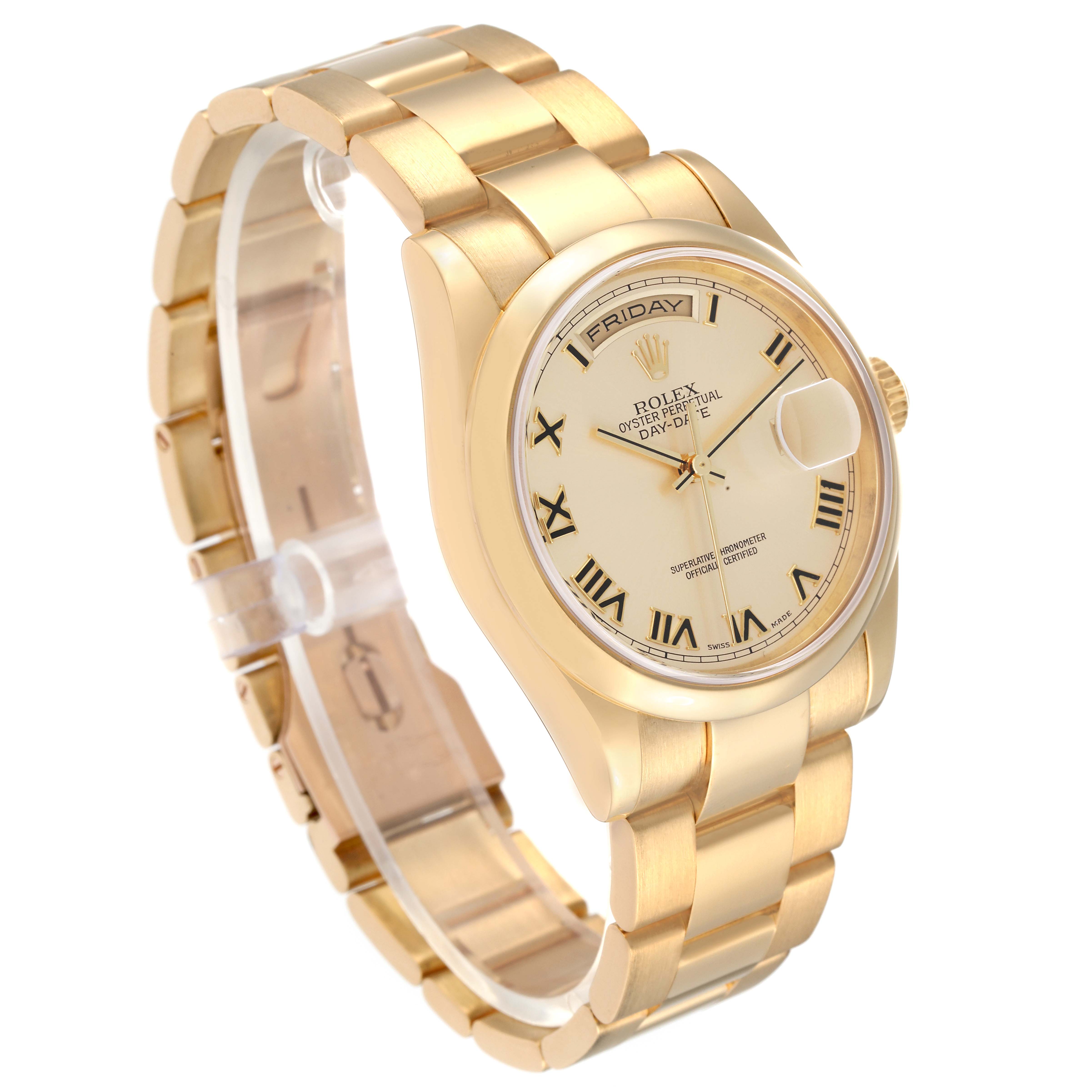 This image shows a side angle of a Rolex President 118208 Men
s Yellow Gold Champagne Dial 118208 Men
s Yellow Gold Champagne Dial model watch, displaying the bracelet, dial, and bezel.