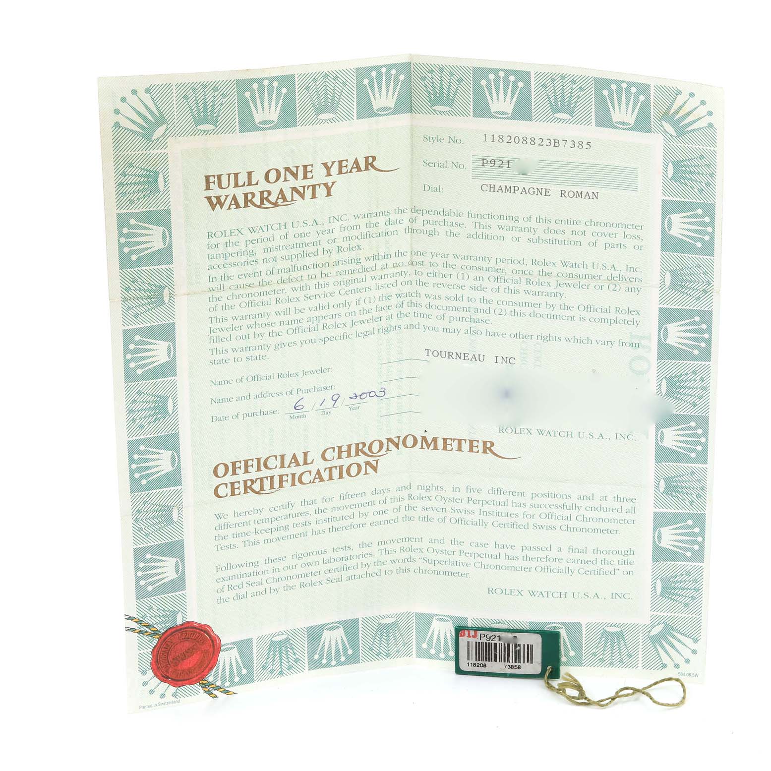 The image shows a warranty and certification paperwork for the Rolex President 118208 Men
s Yellow Gold Champagne Dial 118208 Men
s Yellow Gold Champagne Dial model watch, along with a green tag and red seal.