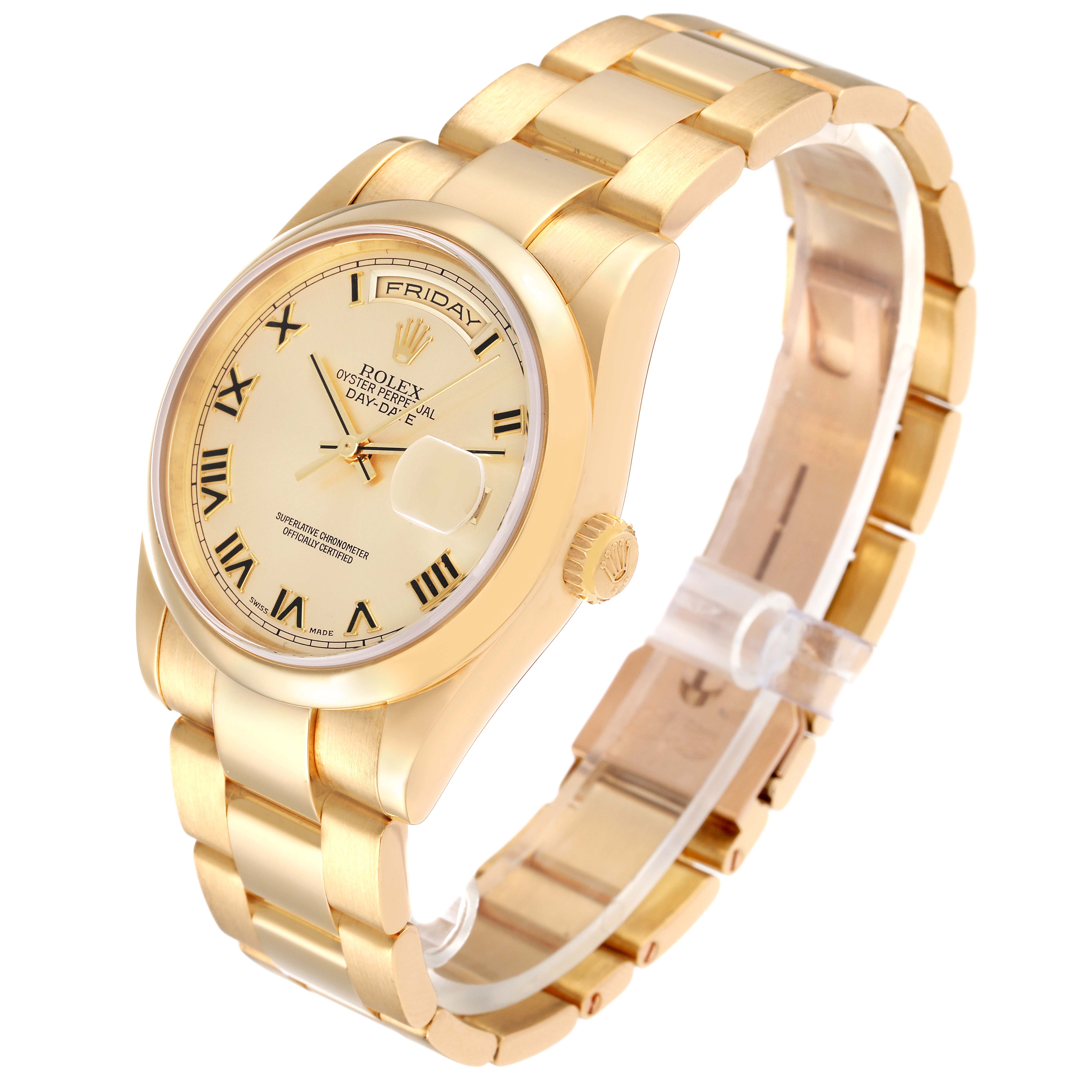 The image shows a side and front view of a Rolex President 118208 Men
s Yellow Gold Champagne Dial 118208 Men
s Yellow Gold Champagne Dial model watch, displaying the face, band, and crown.