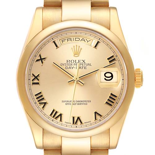 Photo of Rolex President Yellow Gold Champagne Roman Dial Mens Watch 118208 Box Papers