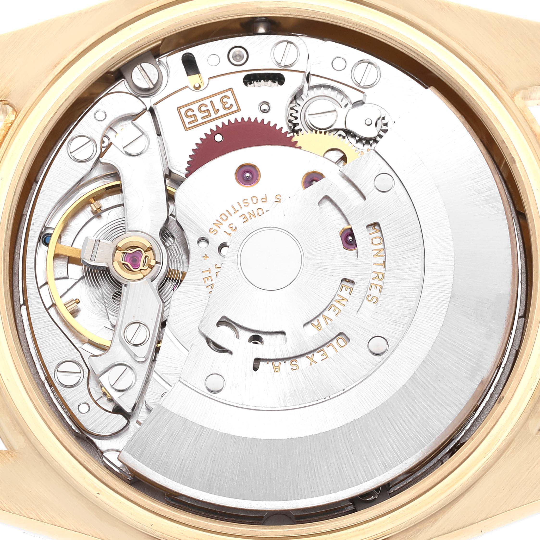 The image shows the movement and inner mechanism of a Rolex President 118208 Men
s Yellow Gold Champagne Dial 118208 Men
s Yellow Gold Champagne Dial model watch.
