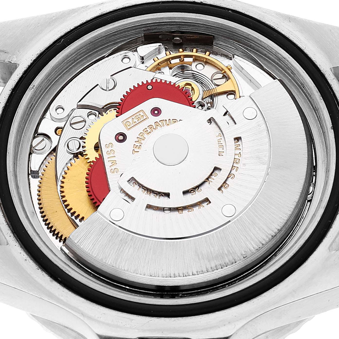 The image shows the internal mechanical movement of a Rolex Vintage Collection 1665 Men's Stainless Steel Black Dial 1665 Men's Stainless Steel Black Dial model from a straight-on angle.