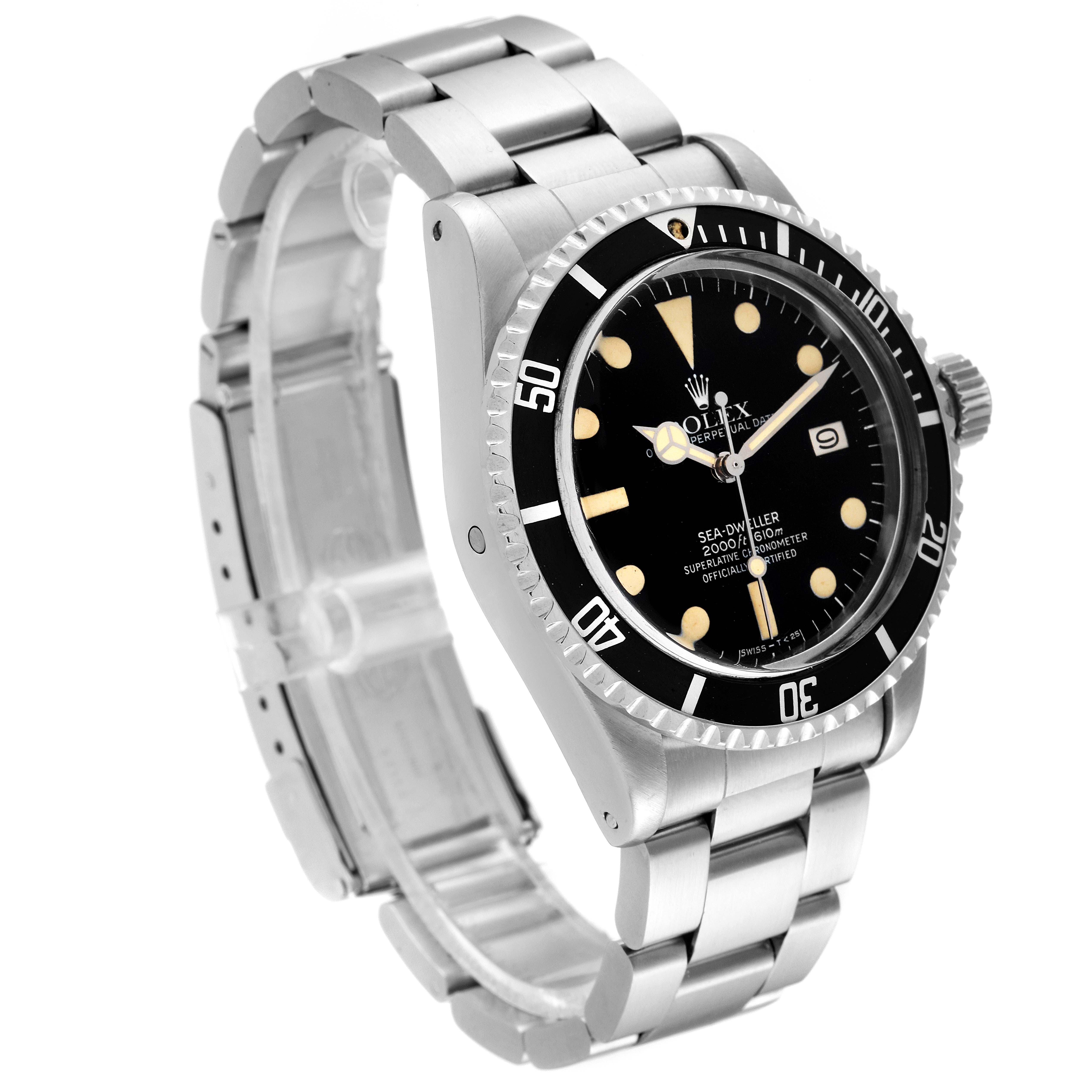 The Rolex Vintage Collection 1665 Men's Stainless Steel Black Dial 1665 Men's Stainless Steel Black Dial watch is shown at an angled side view, highlighting its dial, bezel, and metal bracelet.