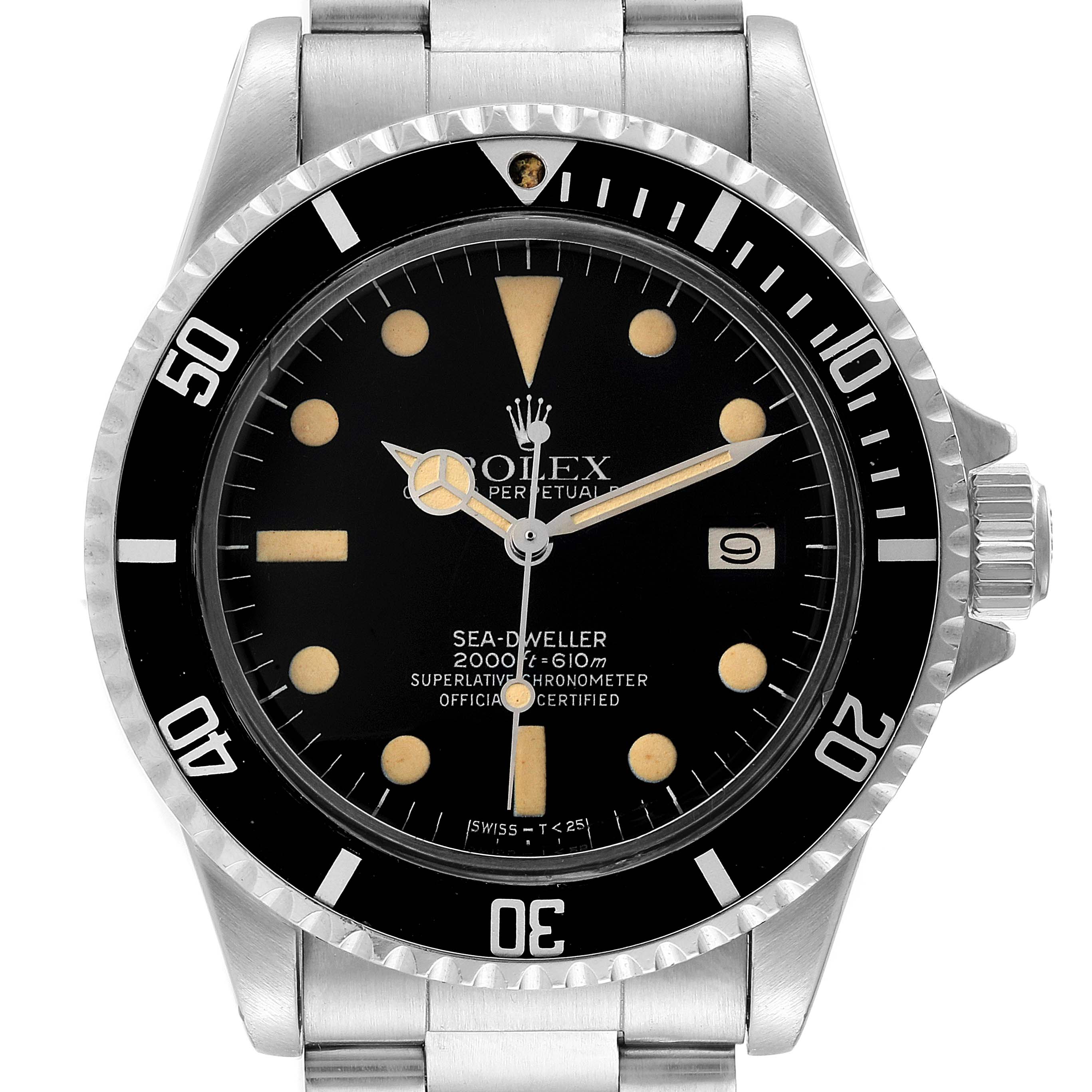 The image shows a frontal view of the Rolex Vintage Collection 1665 Men's Stainless Steel Black Dial 1665 Men's Stainless Steel Black Dial Sea-Dweller with a stainless steel bracelet and black dial.