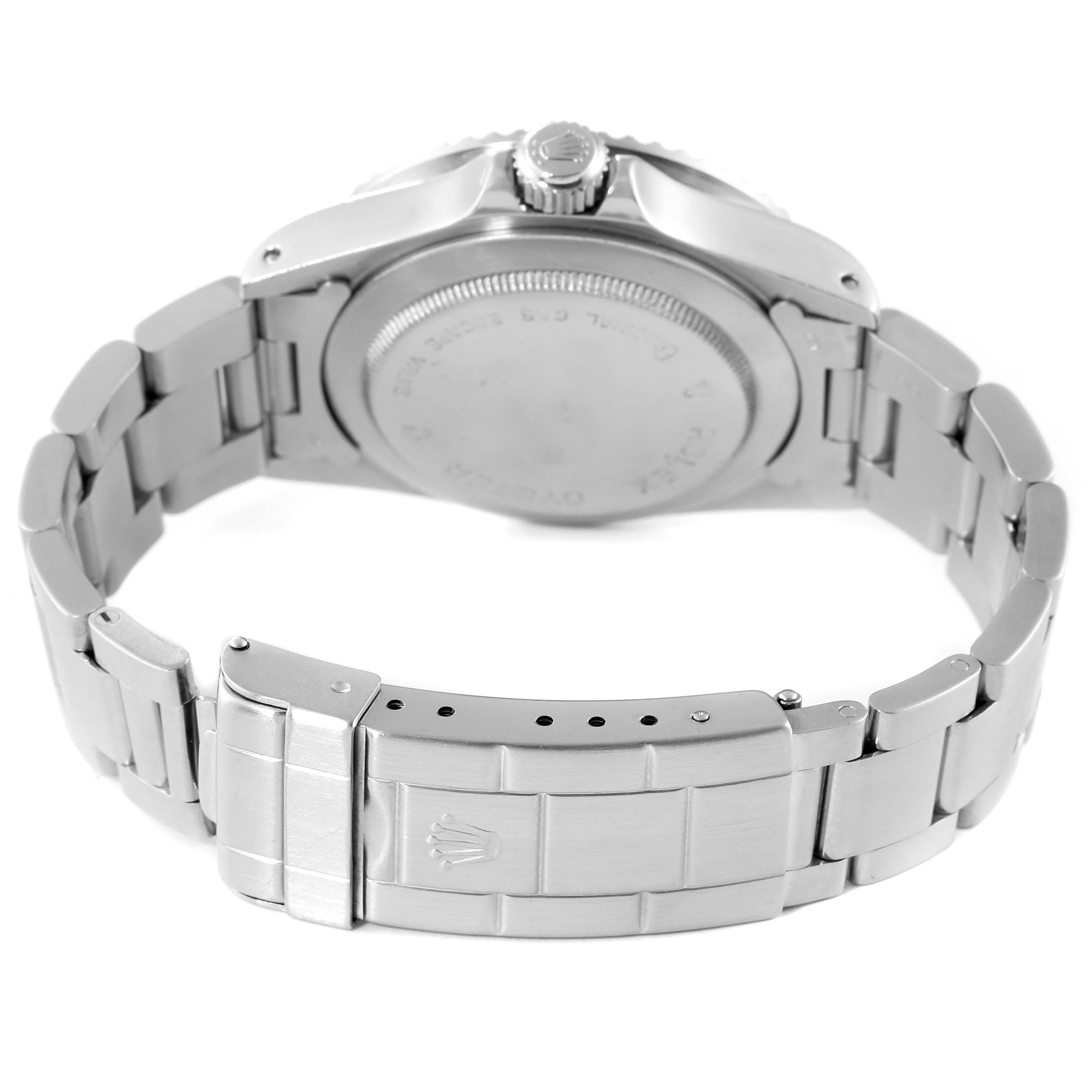 The image shows the back and bracelet of a Rolex Vintage Collection 1665 Men's Stainless Steel Black Dial 1665 Men's Stainless Steel Black Dial watch from a rear angle.