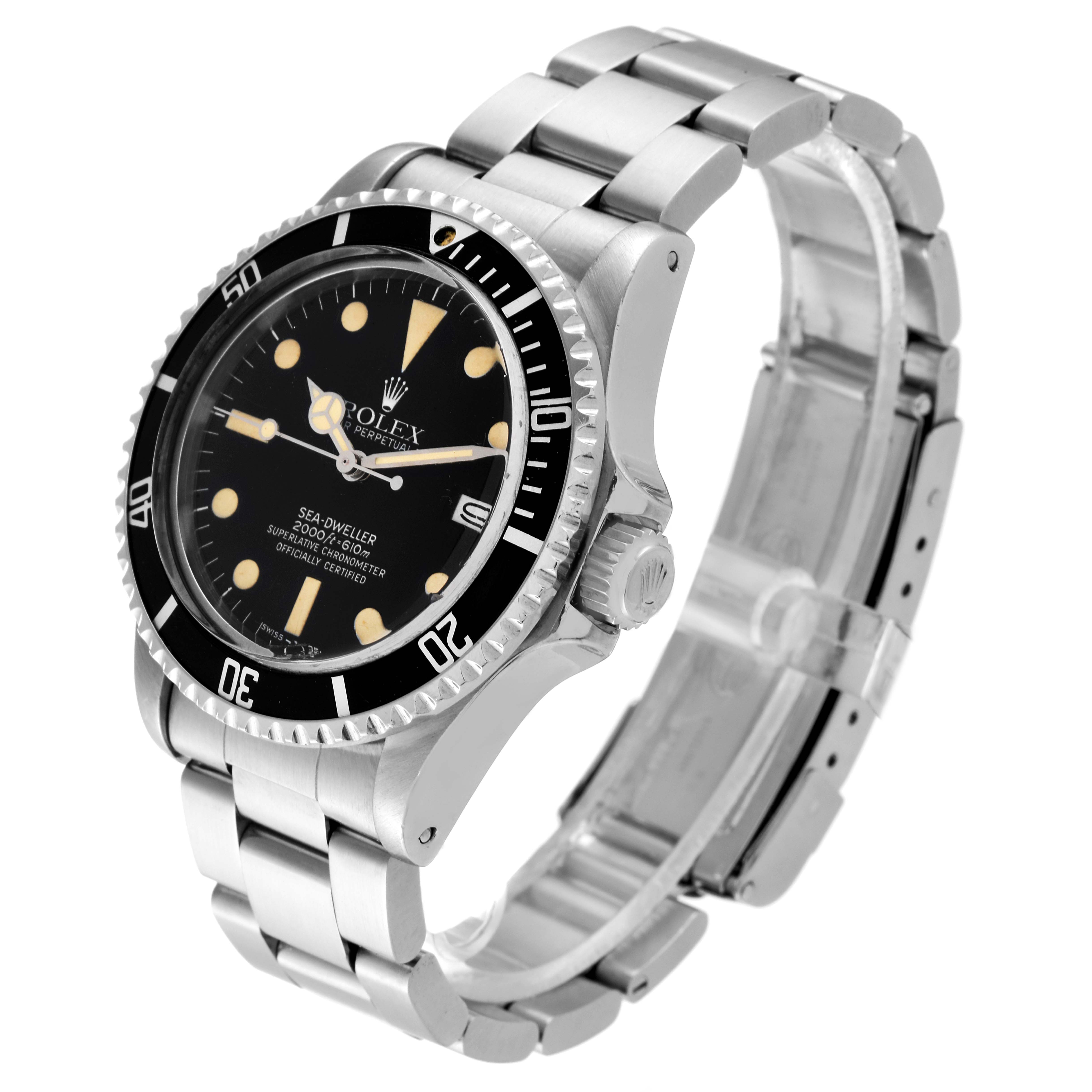 The image shows a side and front perspective of the Rolex Vintage Collection 1665 Men's Stainless Steel Black Dial 1665 Men's Stainless Steel Black Dial Sea-Dweller watch, highlighting the dial, bezel, and bracelet.