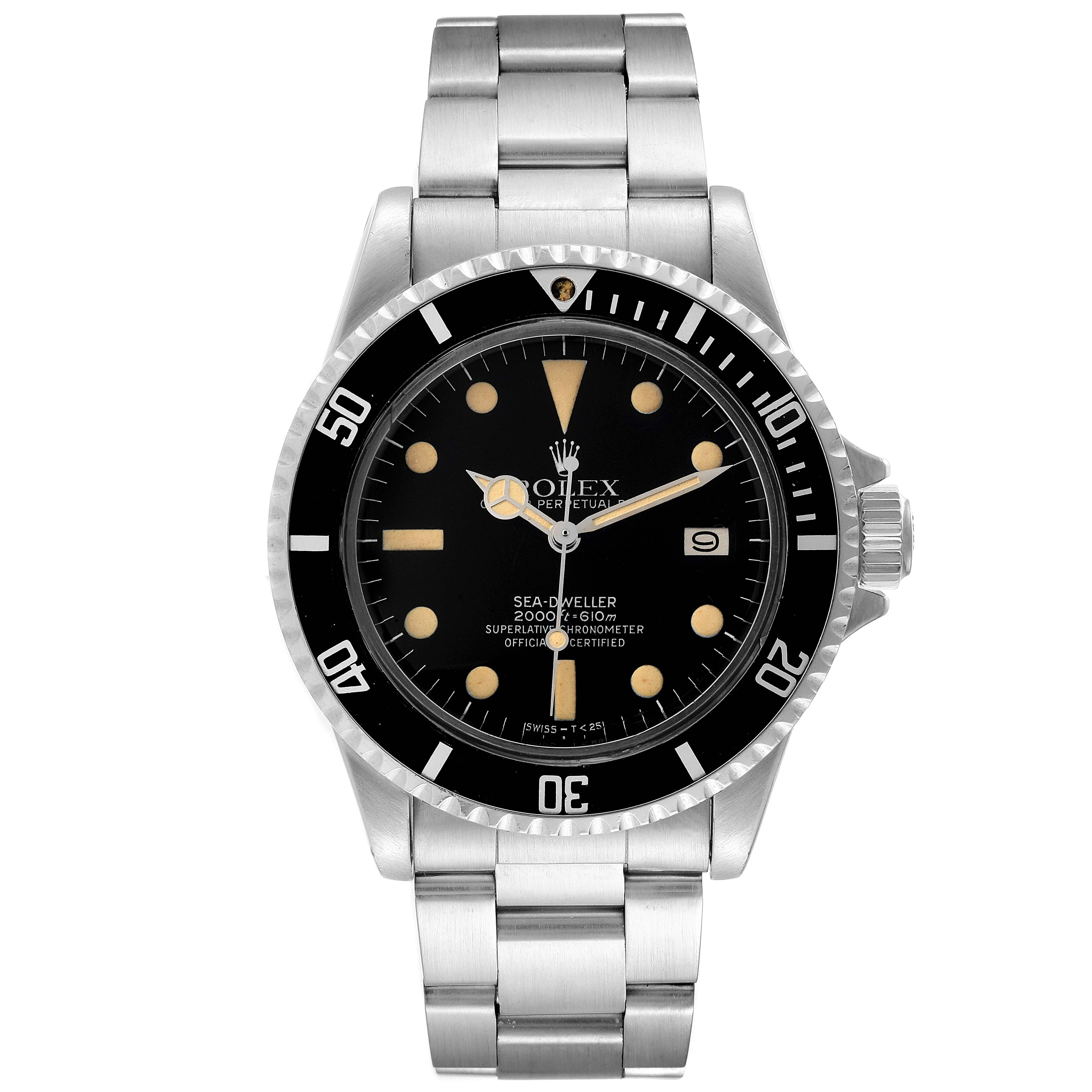 The Rolex Vintage Collection 1665 Men's Stainless Steel Black Dial 1665 Men's Stainless Steel Black Dial Sea-Dweller is shown from the front, displaying the dial, bezel, and stainless steel bracelet.