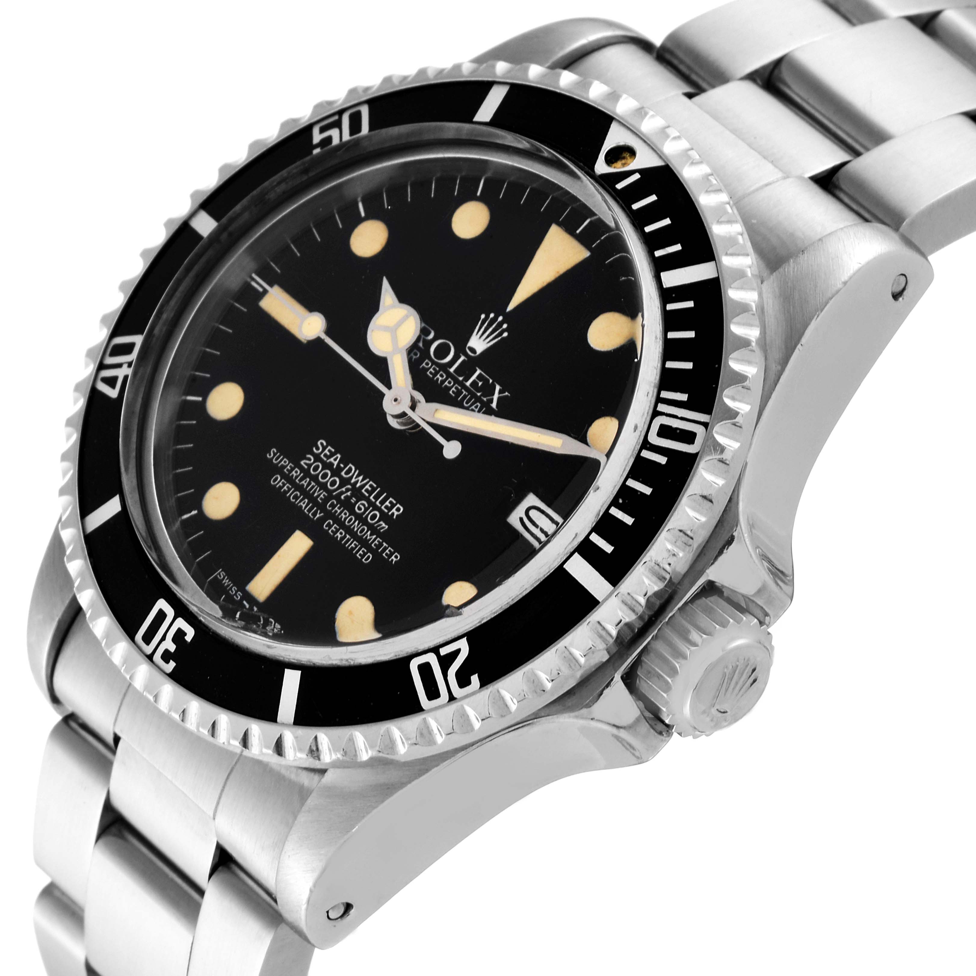 The image showcases a close-up angle of the Rolex Vintage Collection 1665 Men's Stainless Steel Black Dial 1665 Men's Stainless Steel Black Dial Sea-Dweller watch, highlighting the dial, bezel, and part of the bracelet.