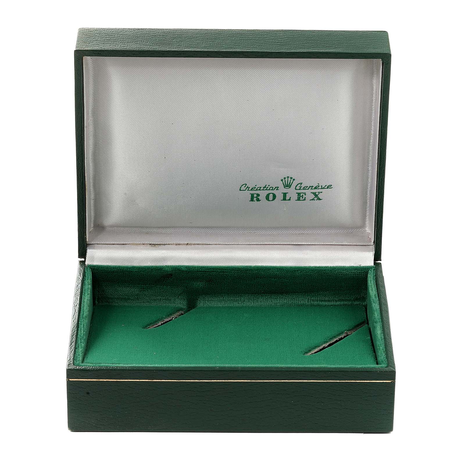 This image shows an open green and white Rolex Vintage Collection 1665 Men's Stainless Steel Black Dial 1665 Men's Stainless Steel Black Dial watch box.