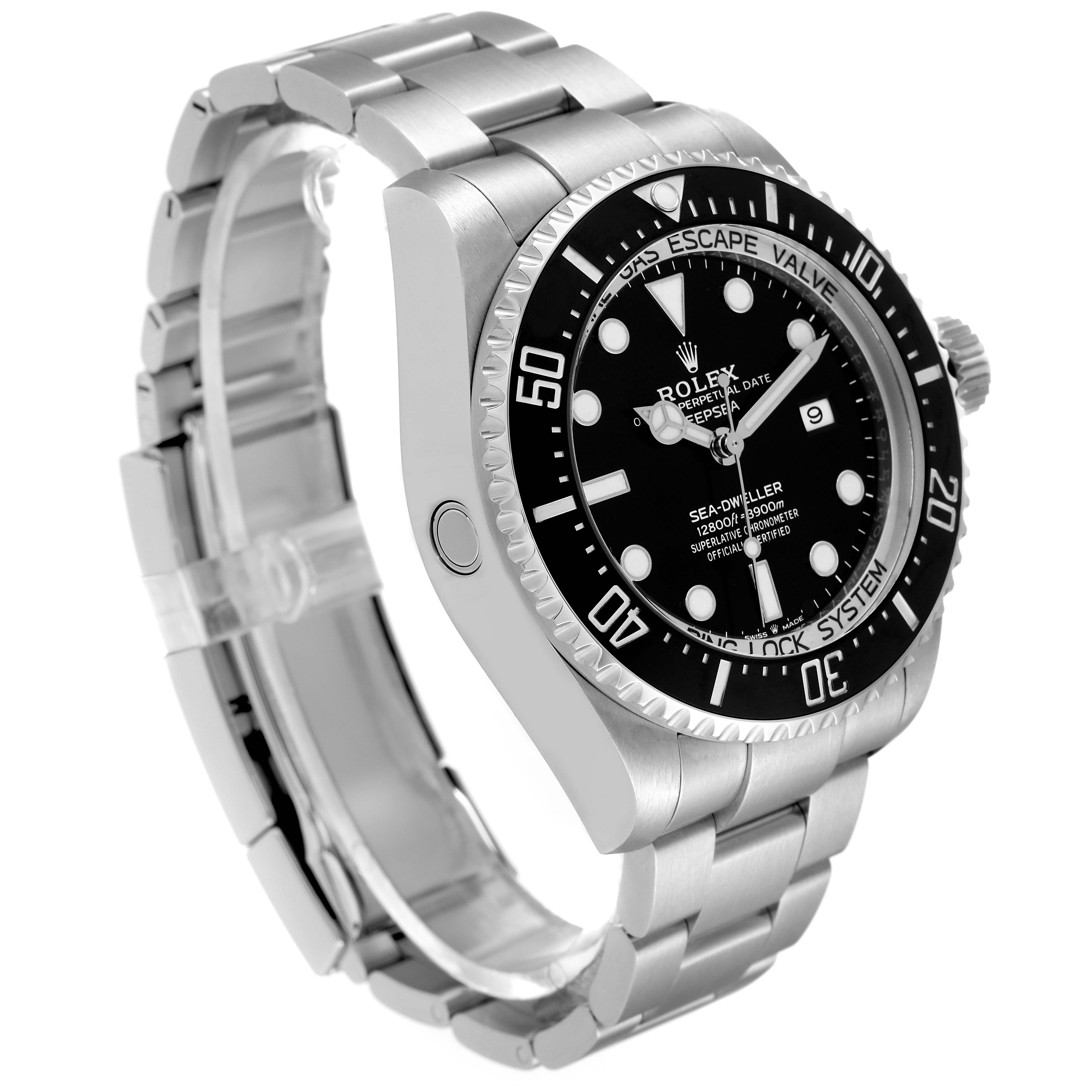 The Rolex Sea-Dweller 126660 Men
s Stainless Steel Black Dial 126660 Men
s Stainless Steel Black Dial watch is shown at a slight angle, highlighting the face, bezel, crown, and stainless steel bracelet.