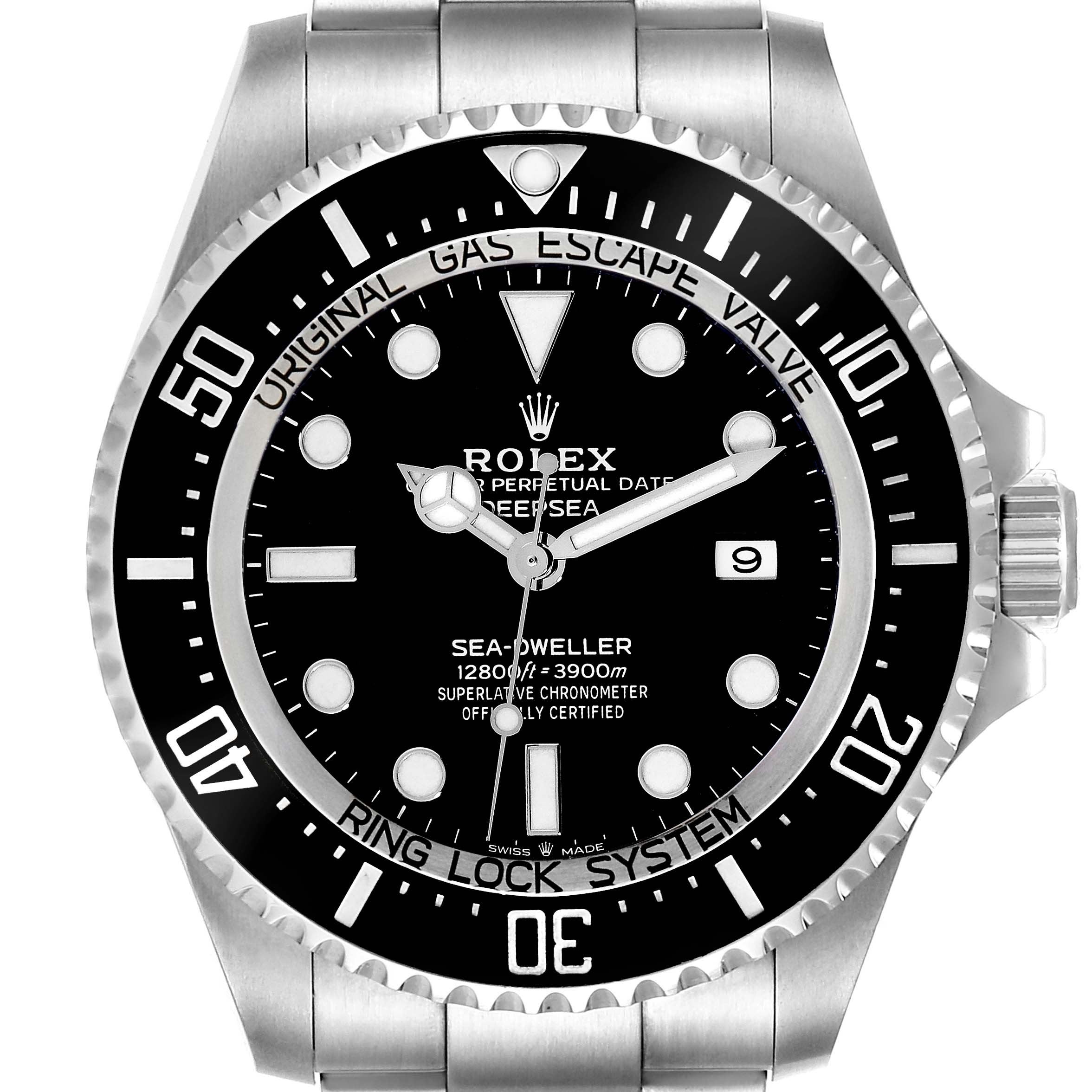 The image shows a front view of the Rolex Sea-Dweller 126660 Men
s Stainless Steel Black Dial 126660 Men
s Stainless Steel Black Dial watch, highlighting the dial, bezel, hands, and bracelet.