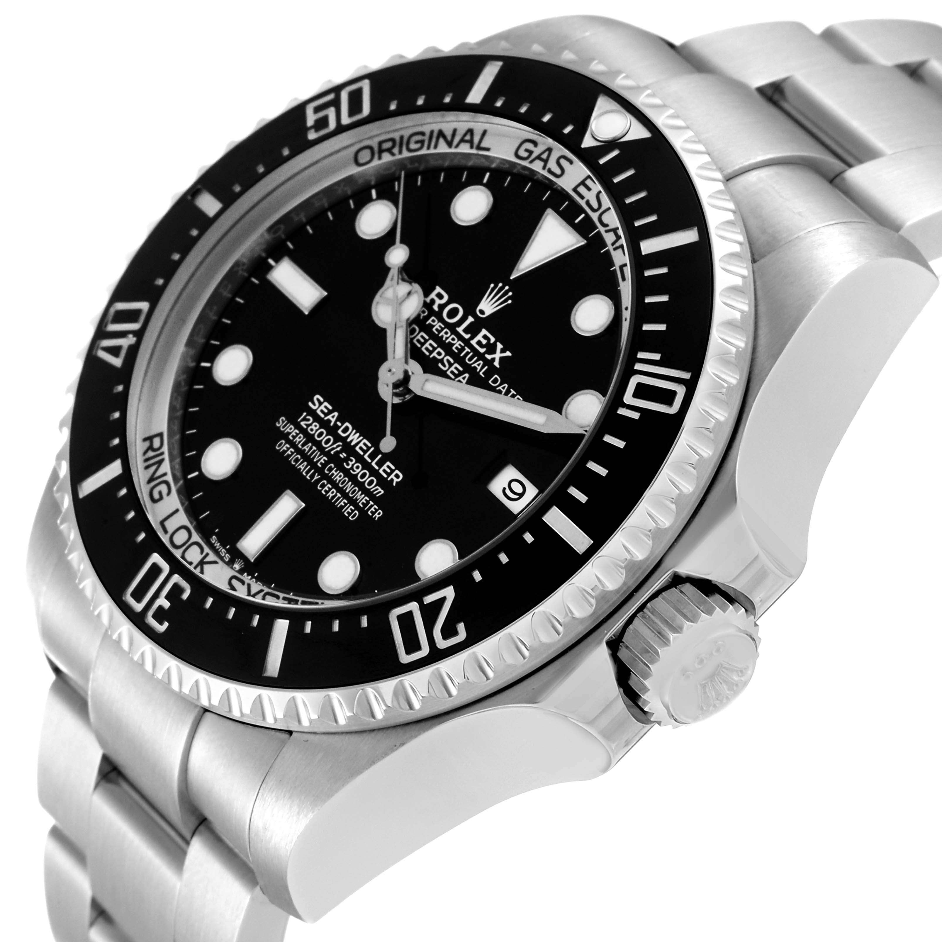 This image of the Rolex Sea-Dweller 126660 Men
s Stainless Steel Black Dial 126660 Men
s Stainless Steel Black Dial watch shows a close-up at an angled view, highlighting the dial, bezel, and crown.