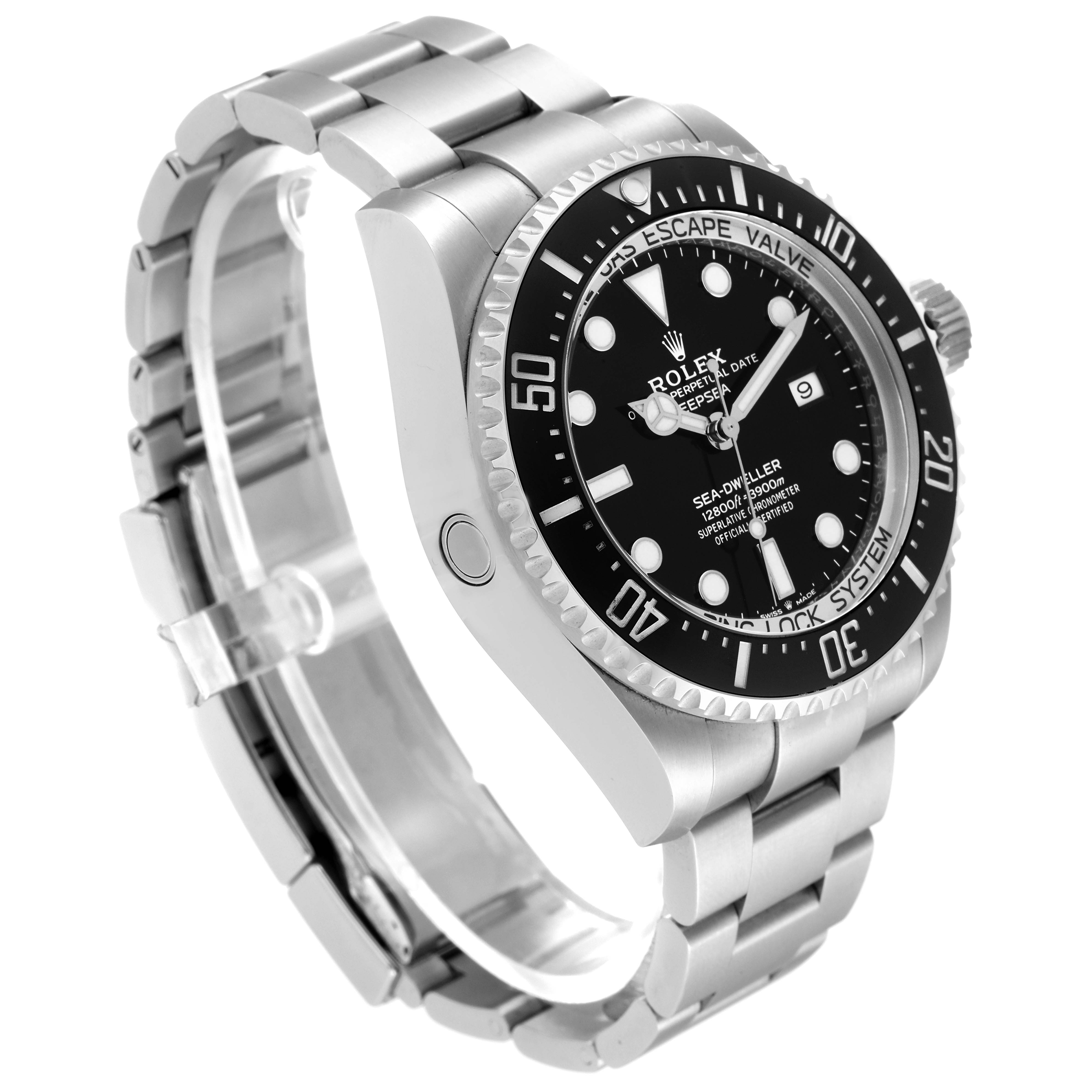 The Rolex Sea-Dweller 126660 Men
s Stainless Steel Black Dial 126660 Men
s Stainless Steel Black Dial watch is shown at a side angle, displaying its case, bezel, bracelet, and dial.