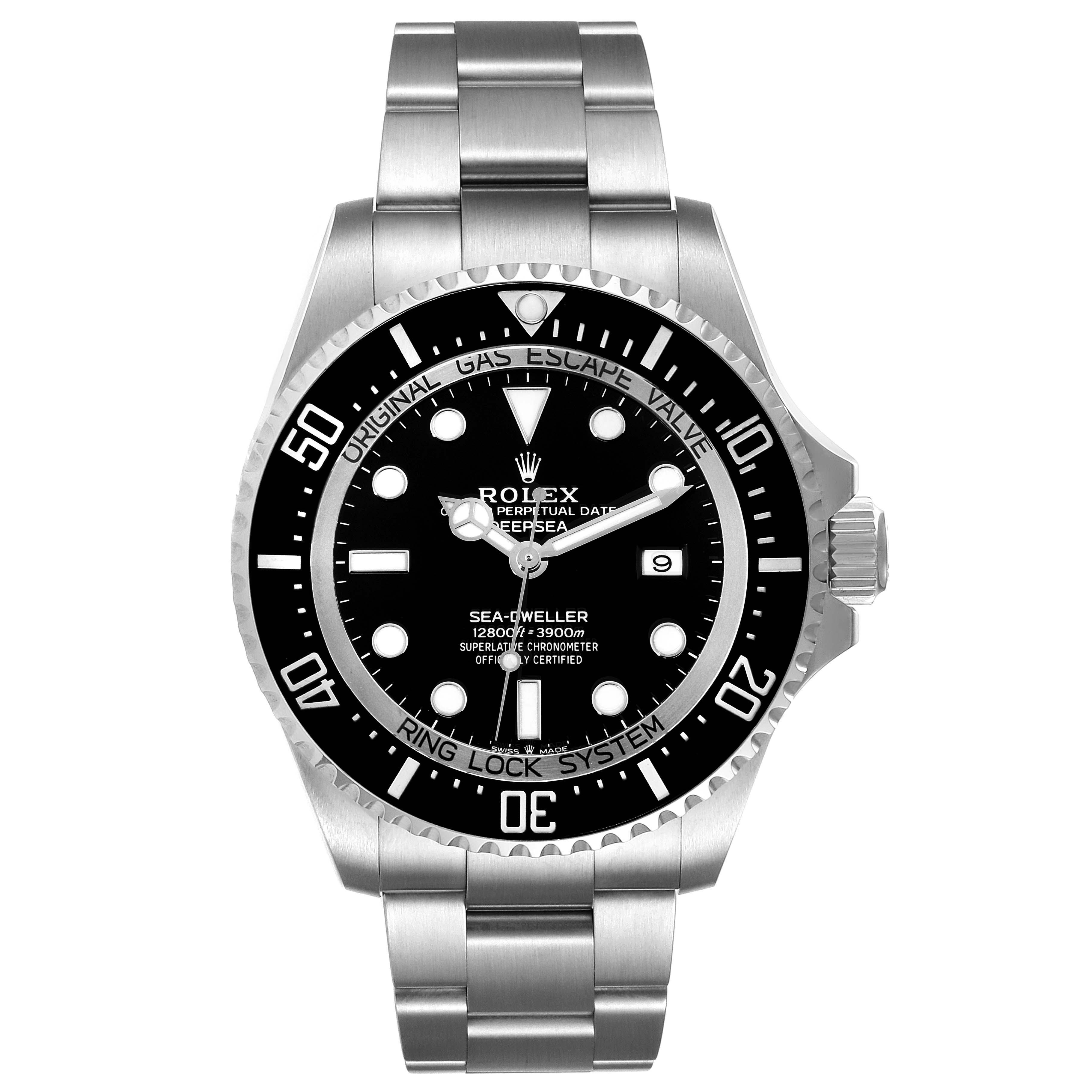 The image shows a front view of the Rolex Sea-Dweller 126660 Men
s Stainless Steel Black Dial 126660 Men
s Stainless Steel Black Dial watch, displaying its dial, bezel, and bracelet.
