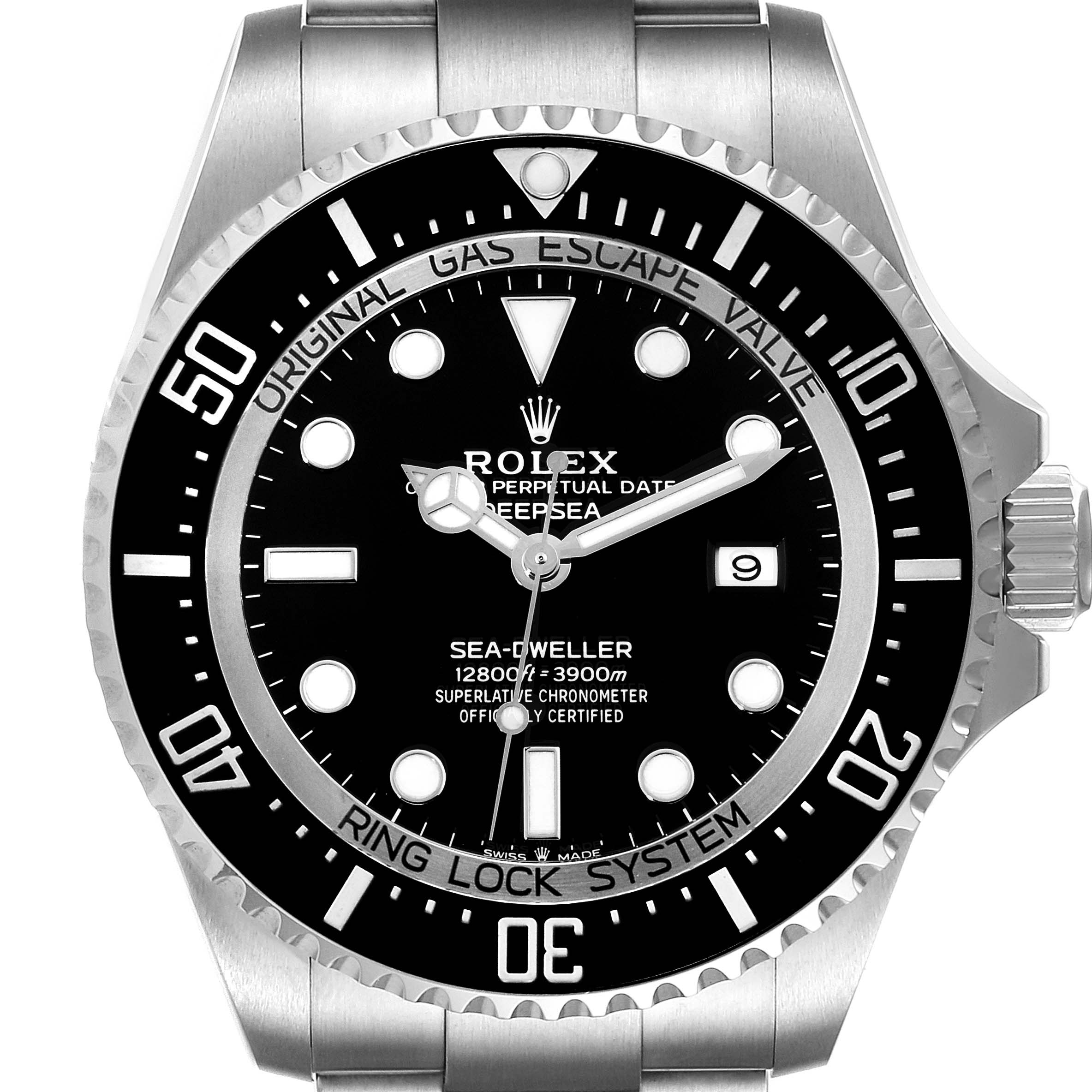 This is a straight-on view of a Rolex Sea-Dweller 126660 Men
s Stainless Steel Black Dial 126660 Men
s Stainless Steel Black Dial watch, showing the dial, bezel, hands, crown, and part of the bracelet.