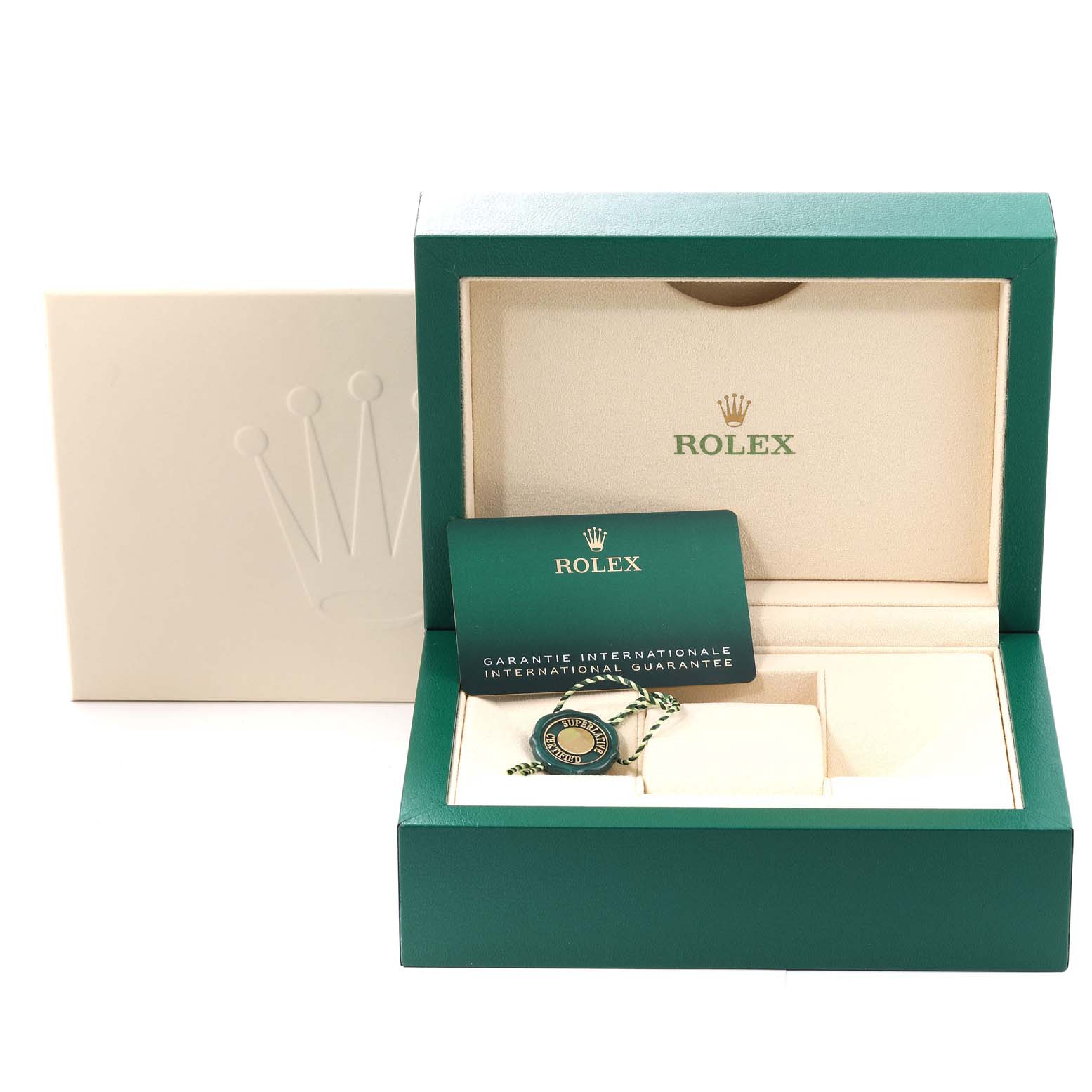 The image shows the packaging and accessories for a Rolex Sea-Dweller 126660 Men
s Stainless Steel Black Dial 126660 Men
s Stainless Steel Black Dial watch, including the box, warranty card, and tag.