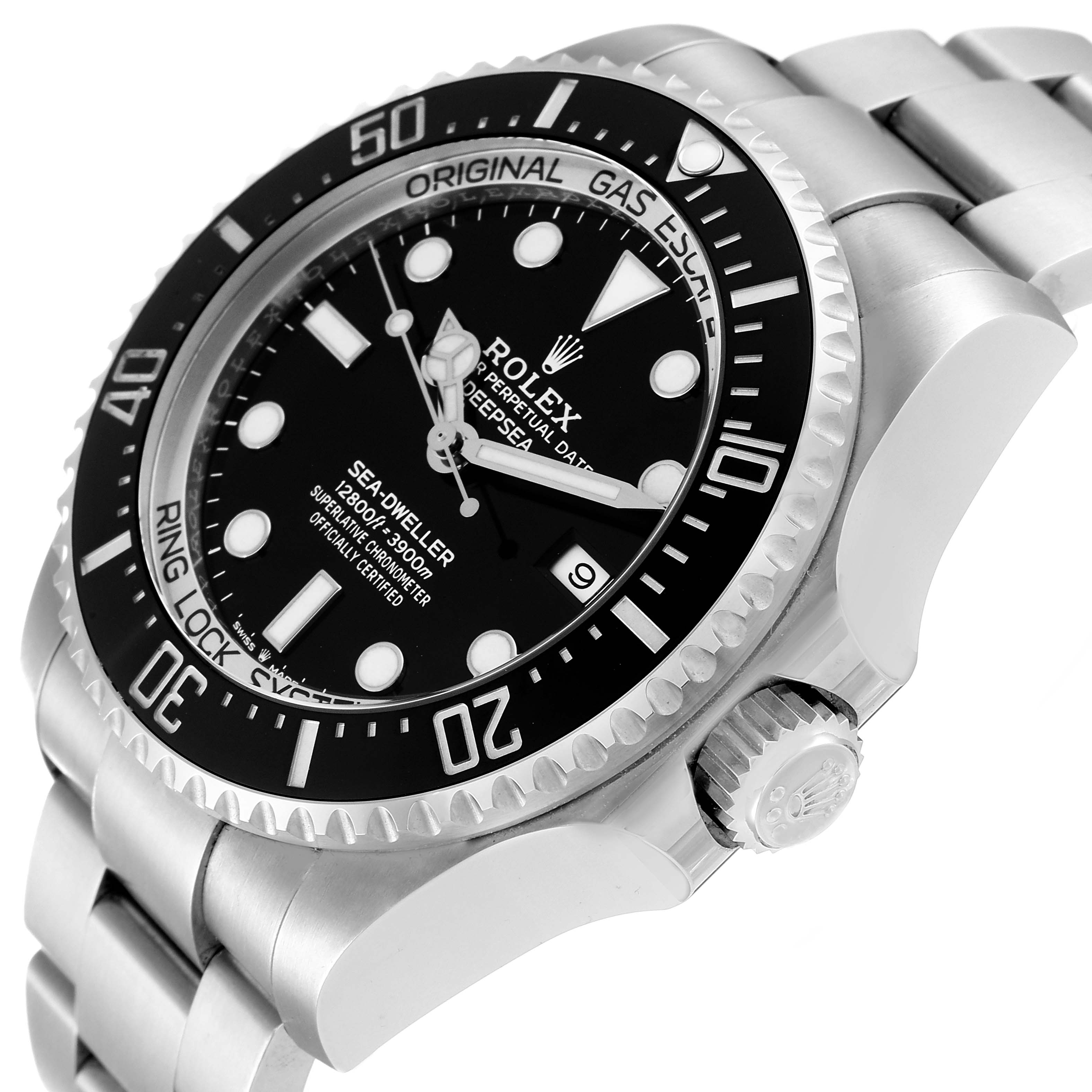 The image shows a Rolex Sea-Dweller 126660 Men
s Stainless Steel Black Dial 126660 Men
s Stainless Steel Black Dial watch at an angled close-up, highlighting the face, bezel, and crown.