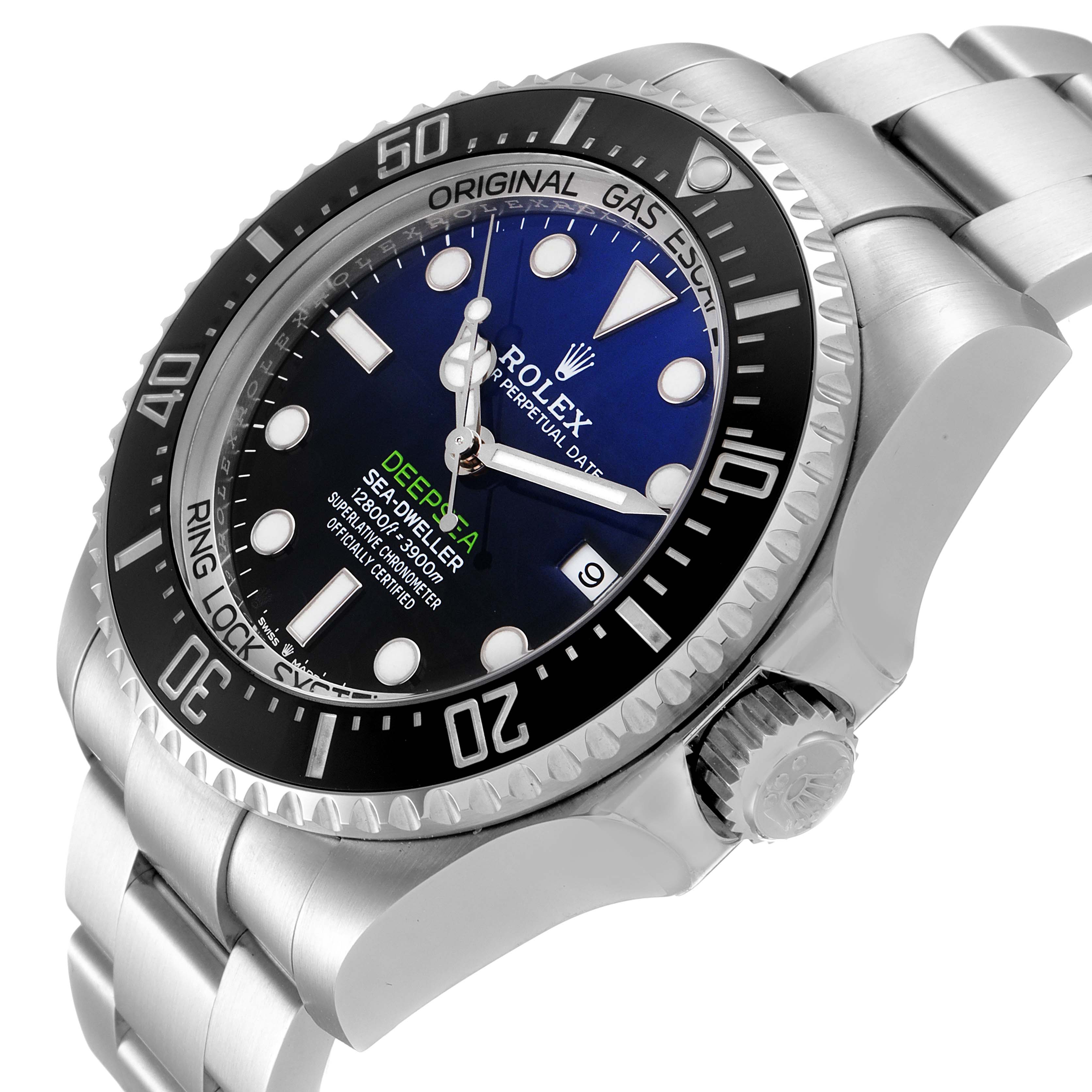 The image shows a close-up angle of the Rolex Sea-Dweller 126660 Men
s Stainless Steel Blue Dial 126660 Men
s Stainless Steel Blue Dial watch, highlighting the dial, bezel, and part of the bracelet.