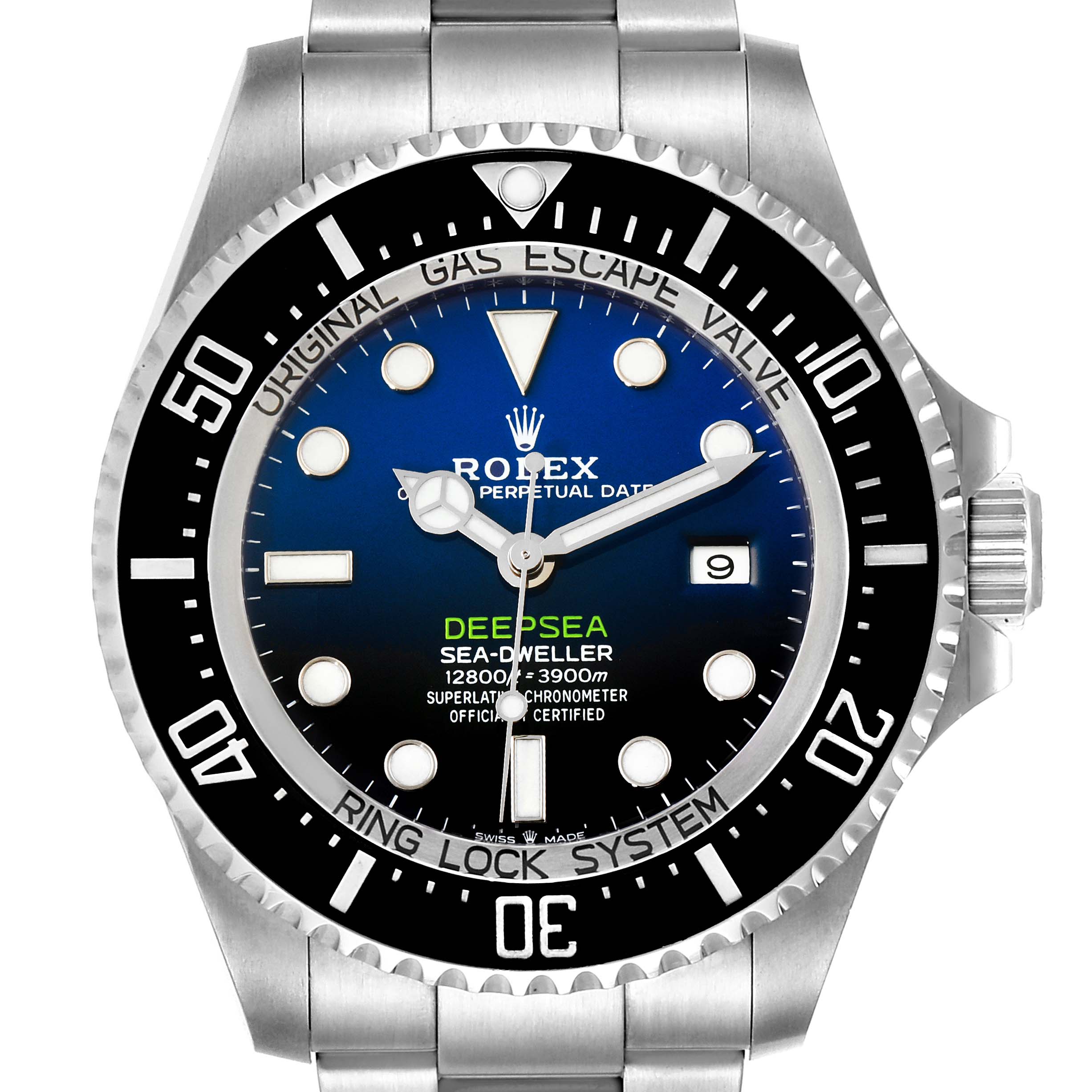 This image shows a front view of the Rolex Sea-Dweller 126660 Men
s Stainless Steel Blue Dial 126660 Men
s Stainless Steel Blue Dial Deepsea watch, highlighting its dial, bezel, and part of the bracelet.