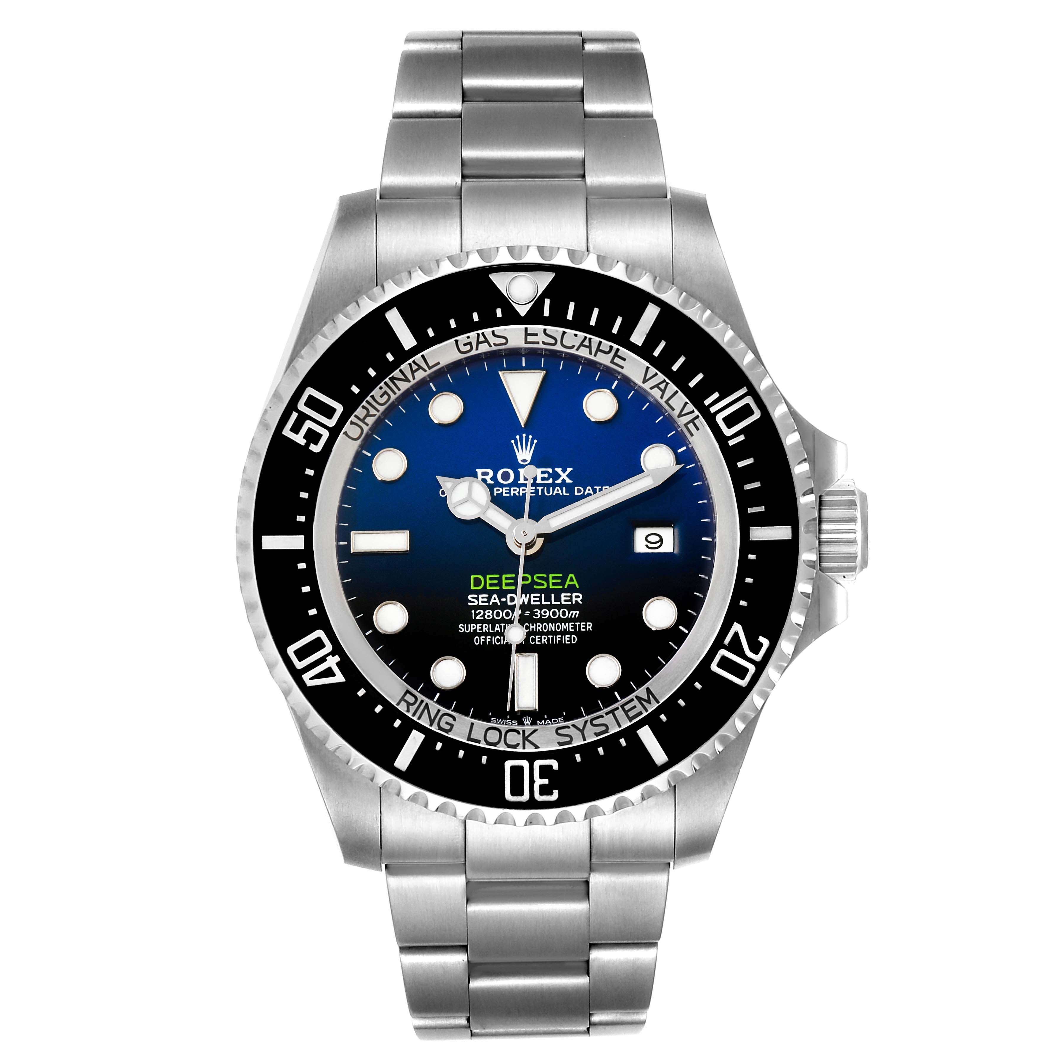 This Rolex Sea-Dweller 126660 Men
s Stainless Steel Blue Dial 126660 Men
s Stainless Steel Blue Dial watch is shown from a front angle, highlighting its face, bezel, and bracelet.