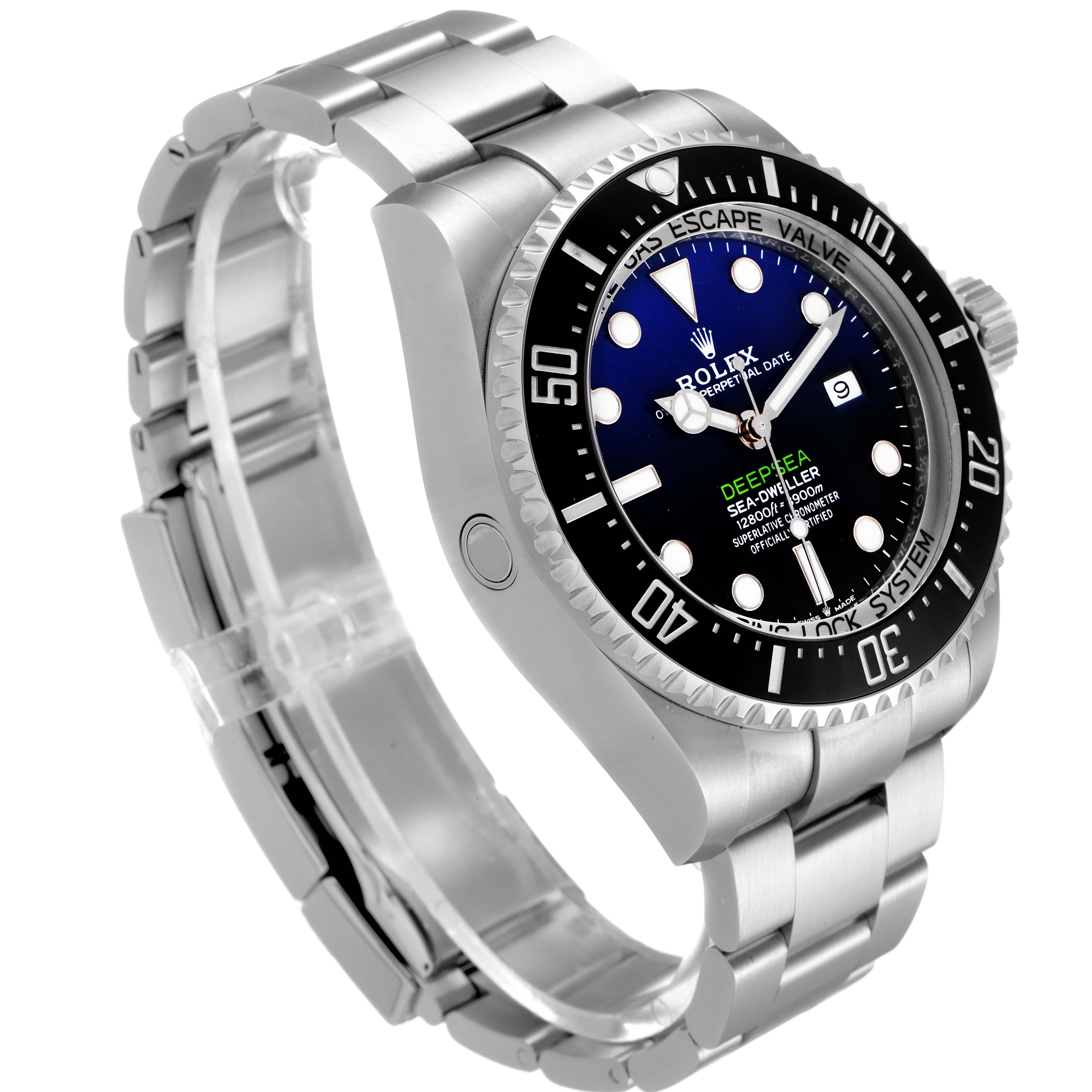 This image shows the Rolex Sea-Dweller 126660 Men
s Stainless Steel Blue Dial 126660 Men
s Stainless Steel Blue Dial watch at a slight angle, displaying the face, bezel, crown, and part of the bracelet.
