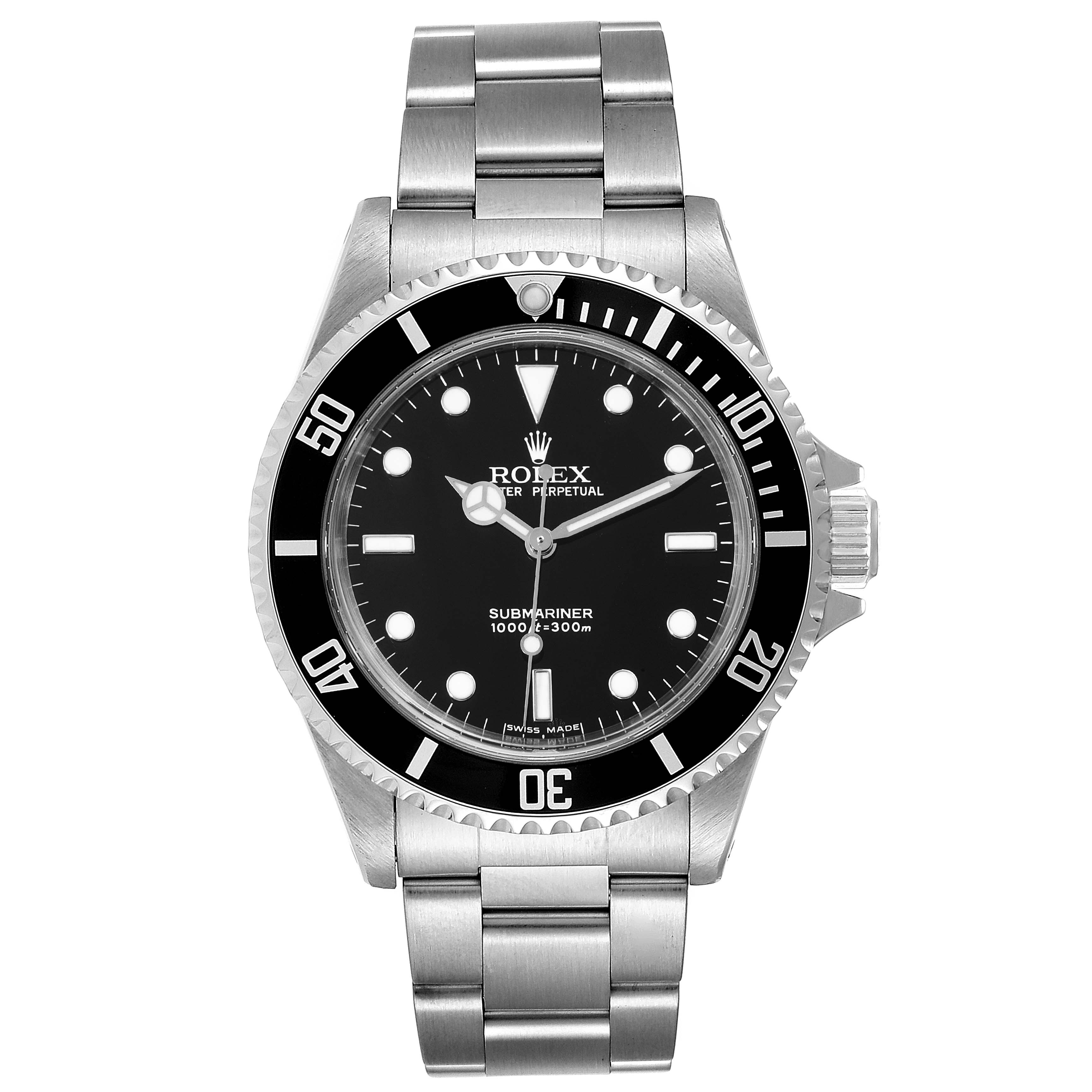 The image shows a front view of a Rolex Submariner 14060 Men
s Stainless Steel Black Dial 14060 Men
s Stainless Steel Black Dial watch, displaying its face and stainless steel bracelet.