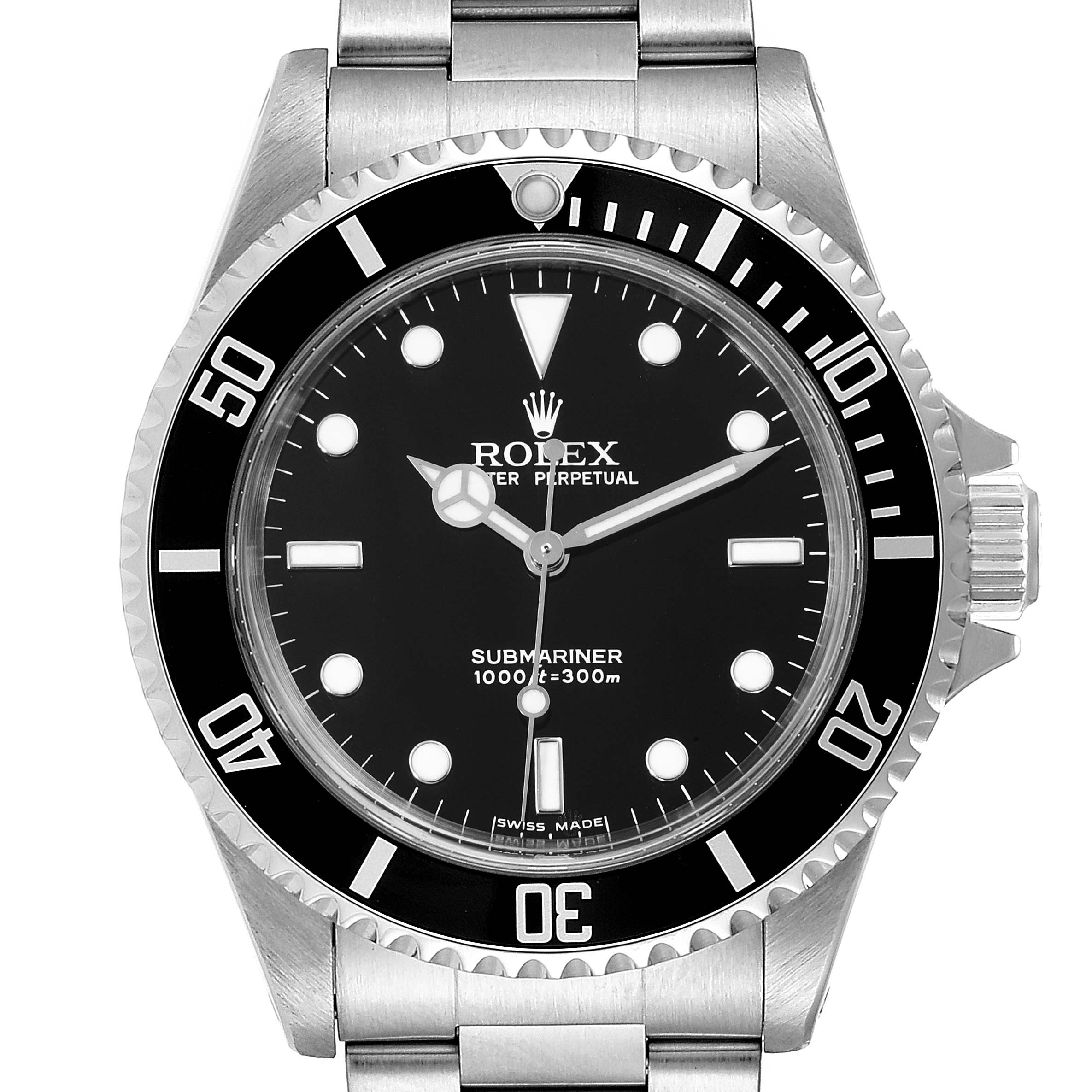 This image shows a close-up front view of a Rolex Submariner 14060 Men
s Stainless Steel Black Dial 14060 Men
s Stainless Steel Black Dial watch, highlighting the dial, bezel, and part of the bracelet.