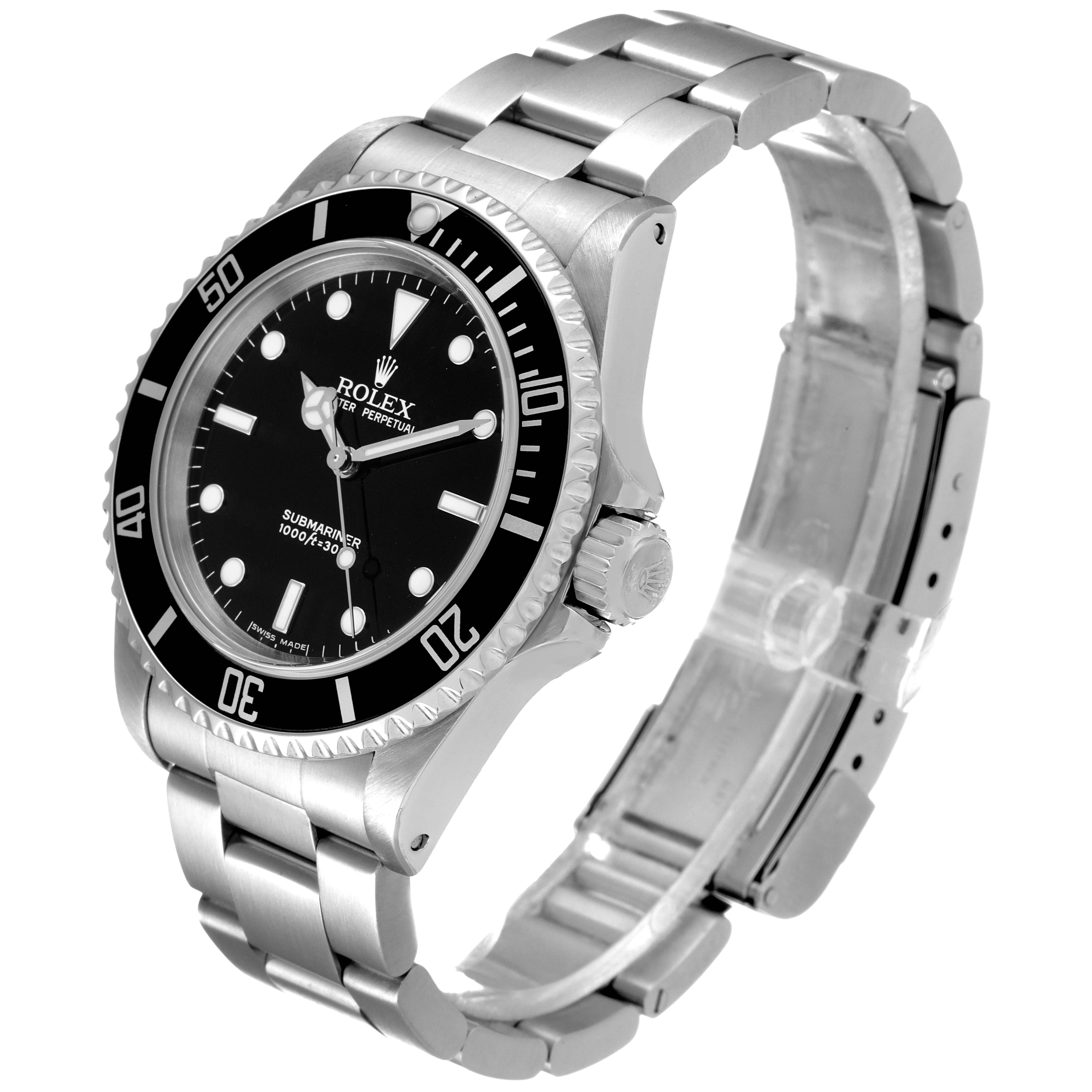 The Rolex Submariner 14060 Men
s Stainless Steel Black Dial 14060 Men
s Stainless Steel Black Dial watch is shown at a slight angle from the front-left, highlighting its face, bezel, crown, and bracelet.